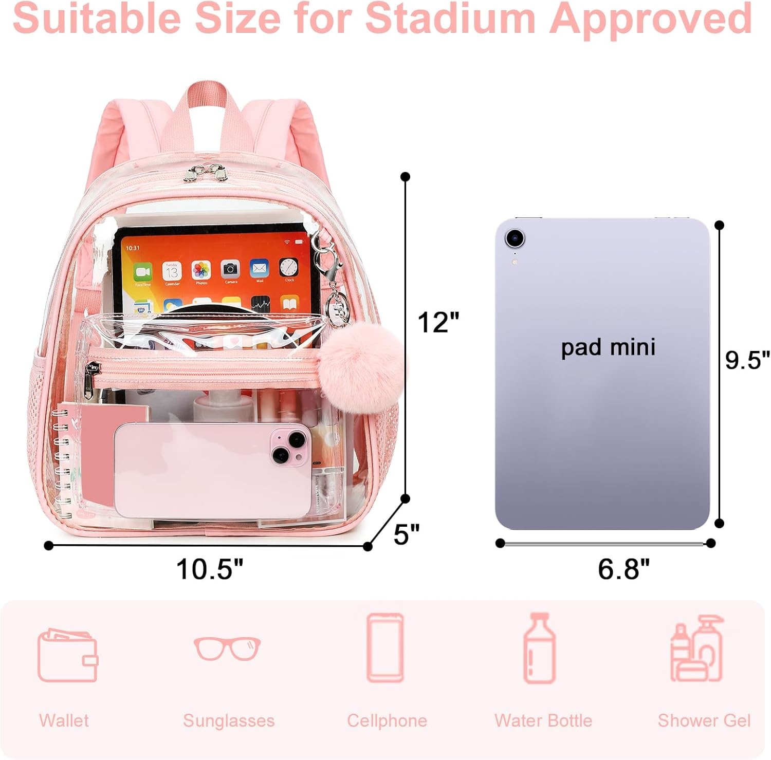 image:imageBTOOP Clear Mini Backpack for Stadium Events 12x12x6 Small Transparent Backpacks Plastic See Through Clear Bag for Concerts Work Festival Security TravelApink With Pompom Keychain