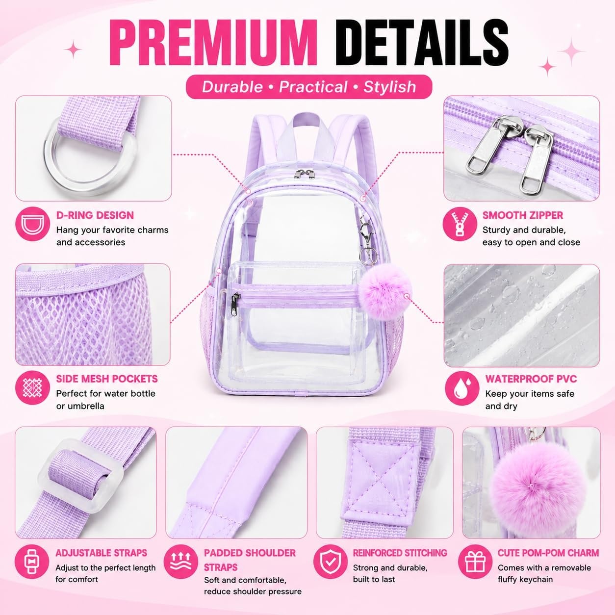 image:imageBTOOP Clear Mini Backpack for Stadium Events 12x12x6 Small Transparent Backpacks Plastic See Through Clear Bag for Concerts Work Festival Security TravelPurple With Pompom Keychain