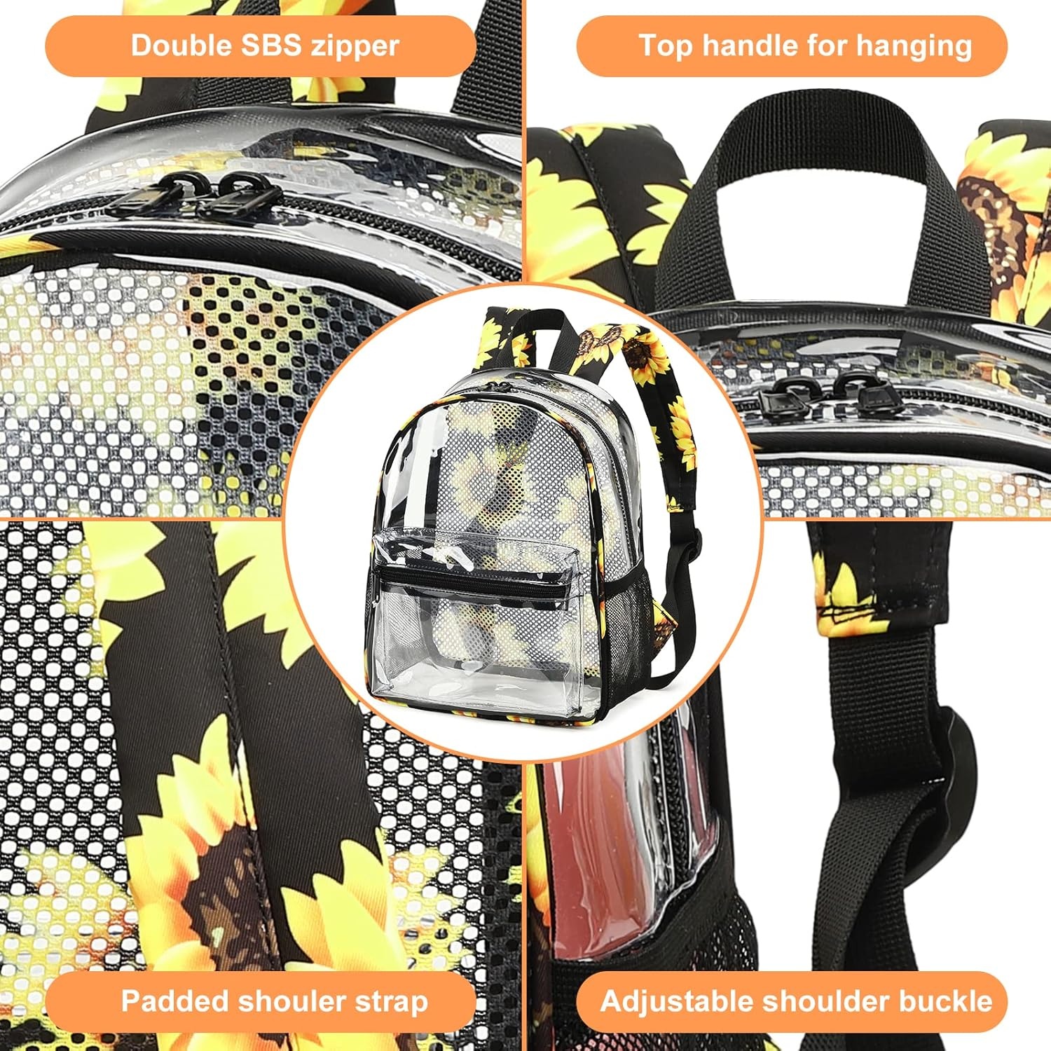 image:imageBTOOP Clear Mini Backpack for Stadium Events 12x12x6 Small Transparent Backpacks Plastic See Through Clear Bag for Concerts Work Festival Security TravelSunflower