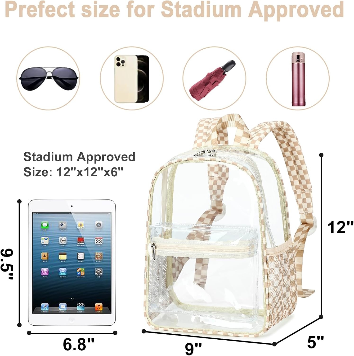 image:imageBTOOP Clear Mini Backpack for Stadium Events 12x12x6 Small Transparent Backpacks Plastic See Through Clear Bag for Concerts Work Festival Security TravelBbrown White Check