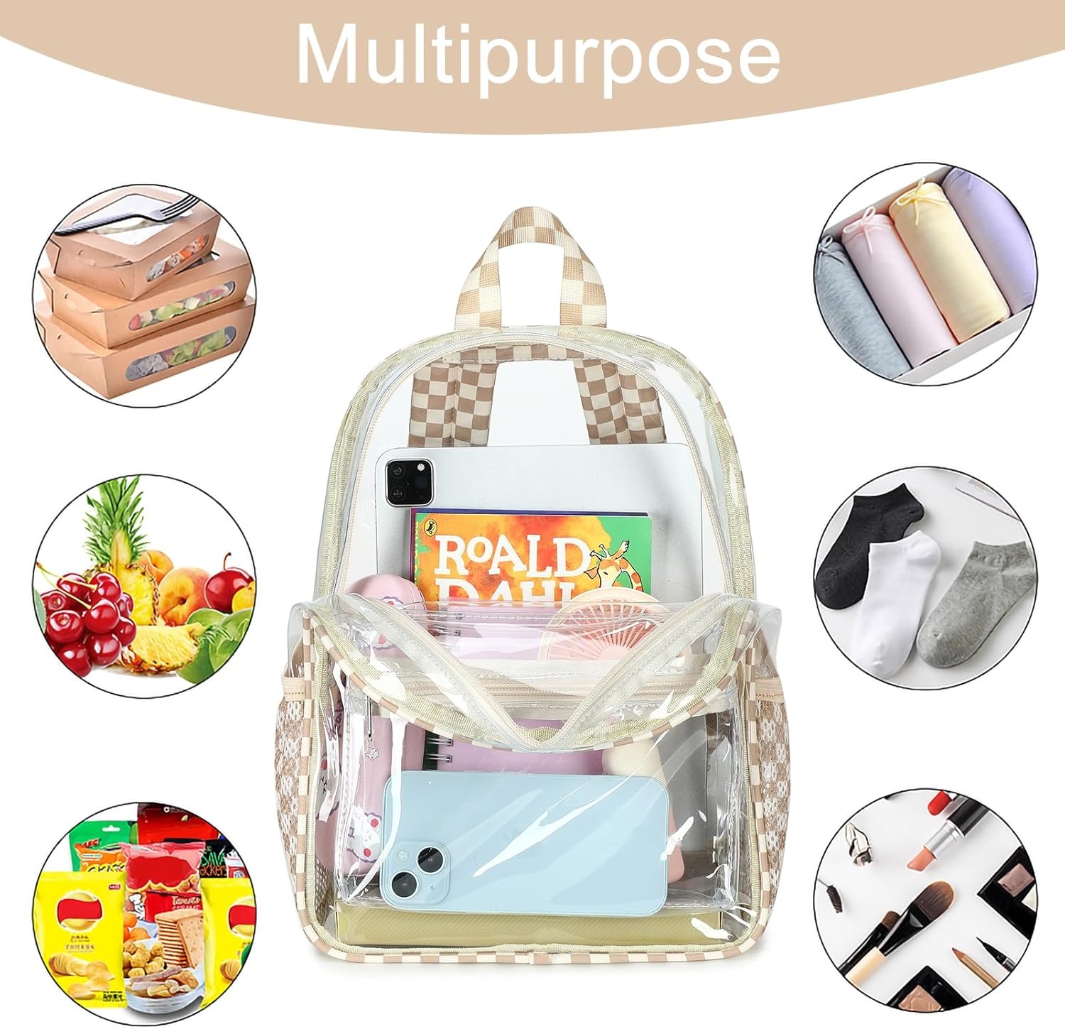 image:imageBTOOP Clear Mini Backpack for Stadium Events 12x12x6 Small Transparent Backpacks Plastic See Through Clear Bag for Concerts Work Festival Security TravelBbrown White Check