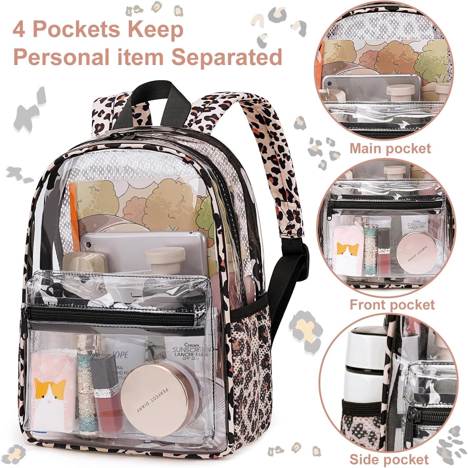 image:imageBTOOP Clear Mini Backpack for Stadium Events 12x12x6 Small Transparent Backpacks Plastic See Through Clear Bag for Concerts Work Festival Security TravelLight Leopard