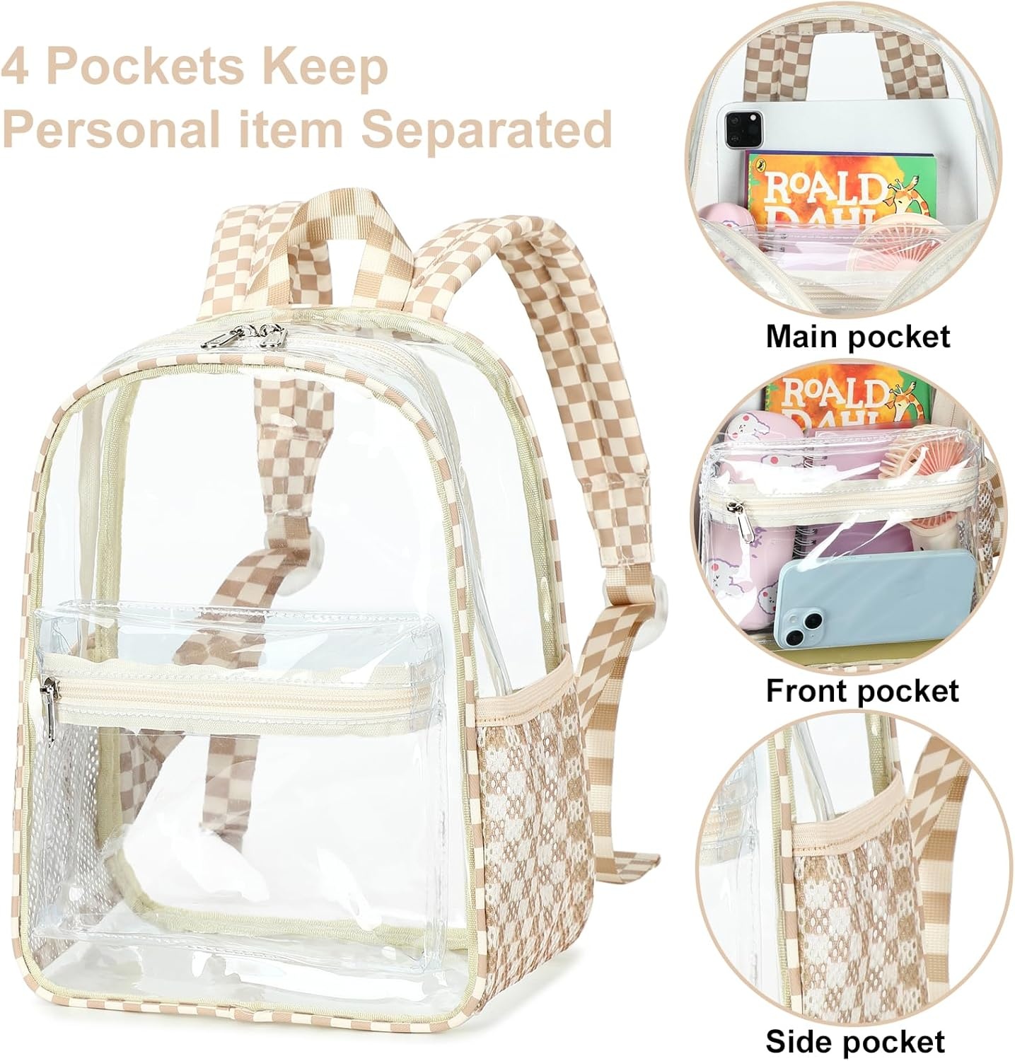 image:imageBTOOP Clear Mini Backpack for Stadium Events 12x12x6 Small Transparent Backpacks Plastic See Through Clear Bag for Concerts Work Festival Security TravelBbrown White Check