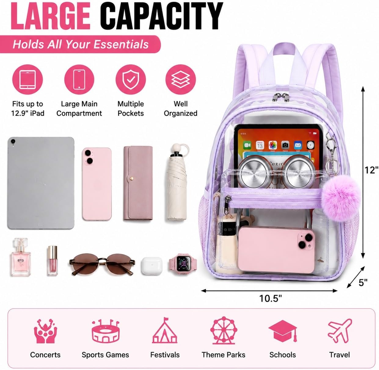 image:imageBTOOP Clear Mini Backpack for Stadium Events 12x12x6 Small Transparent Backpacks Plastic See Through Clear Bag for Concerts Work Festival Security TravelPurple With Pompom Keychain