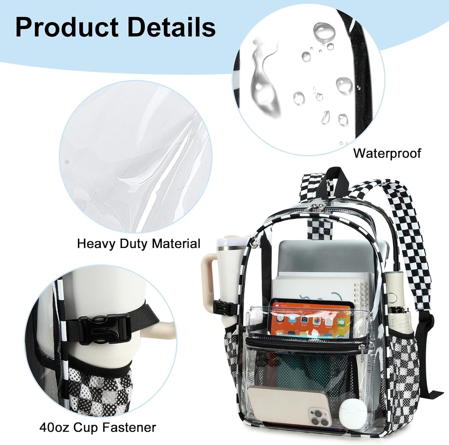 image:imageBTOOP Clear Mini Backpack for Stadium Events 12x12x6 Small Transparent Backpacks Plastic See Through Clear Bag for Concerts Work Festival Security TravelLblack White Plaid