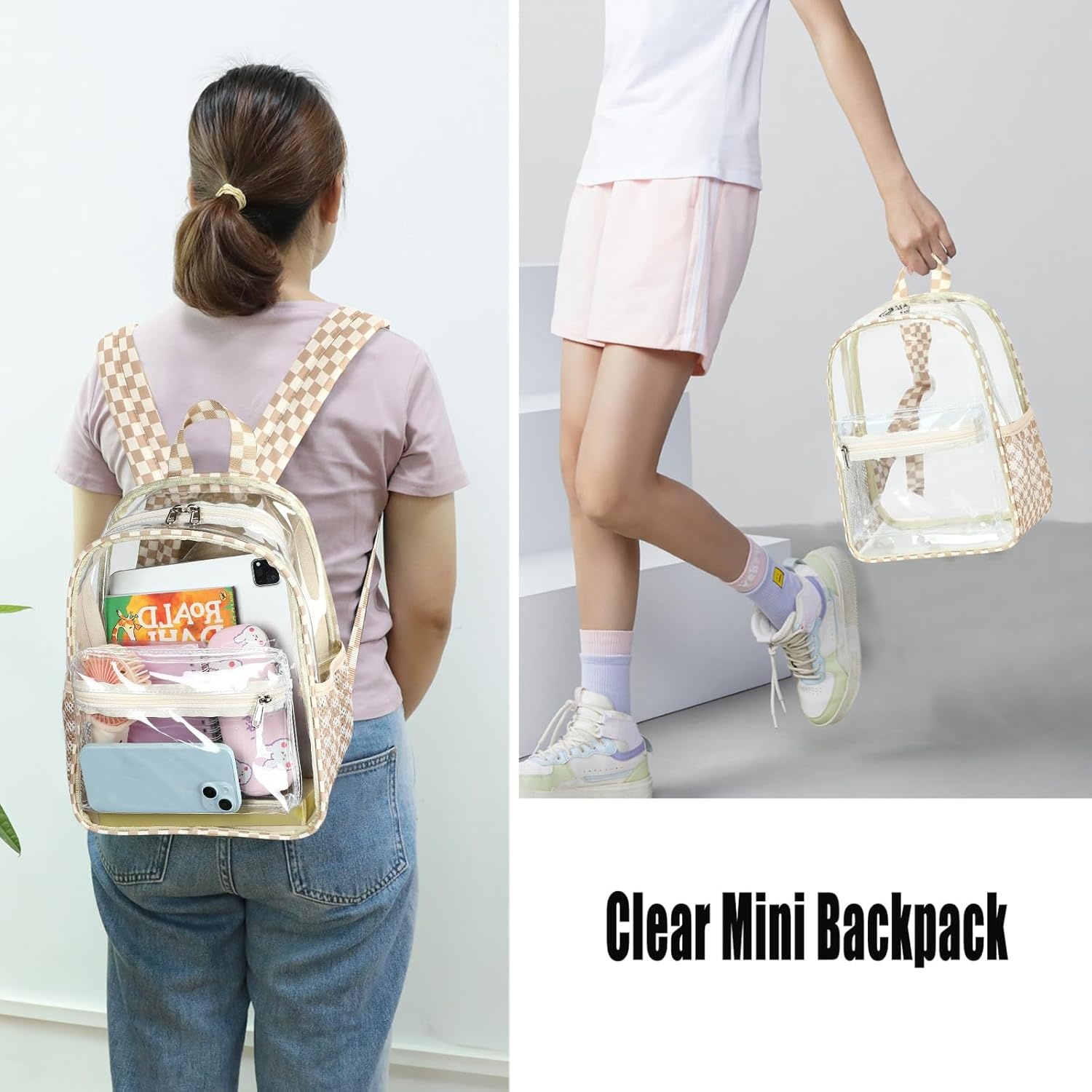 image:imageBTOOP Clear Mini Backpack for Stadium Events 12x12x6 Small Transparent Backpacks Plastic See Through Clear Bag for Concerts Work Festival Security TravelBbrown White Check