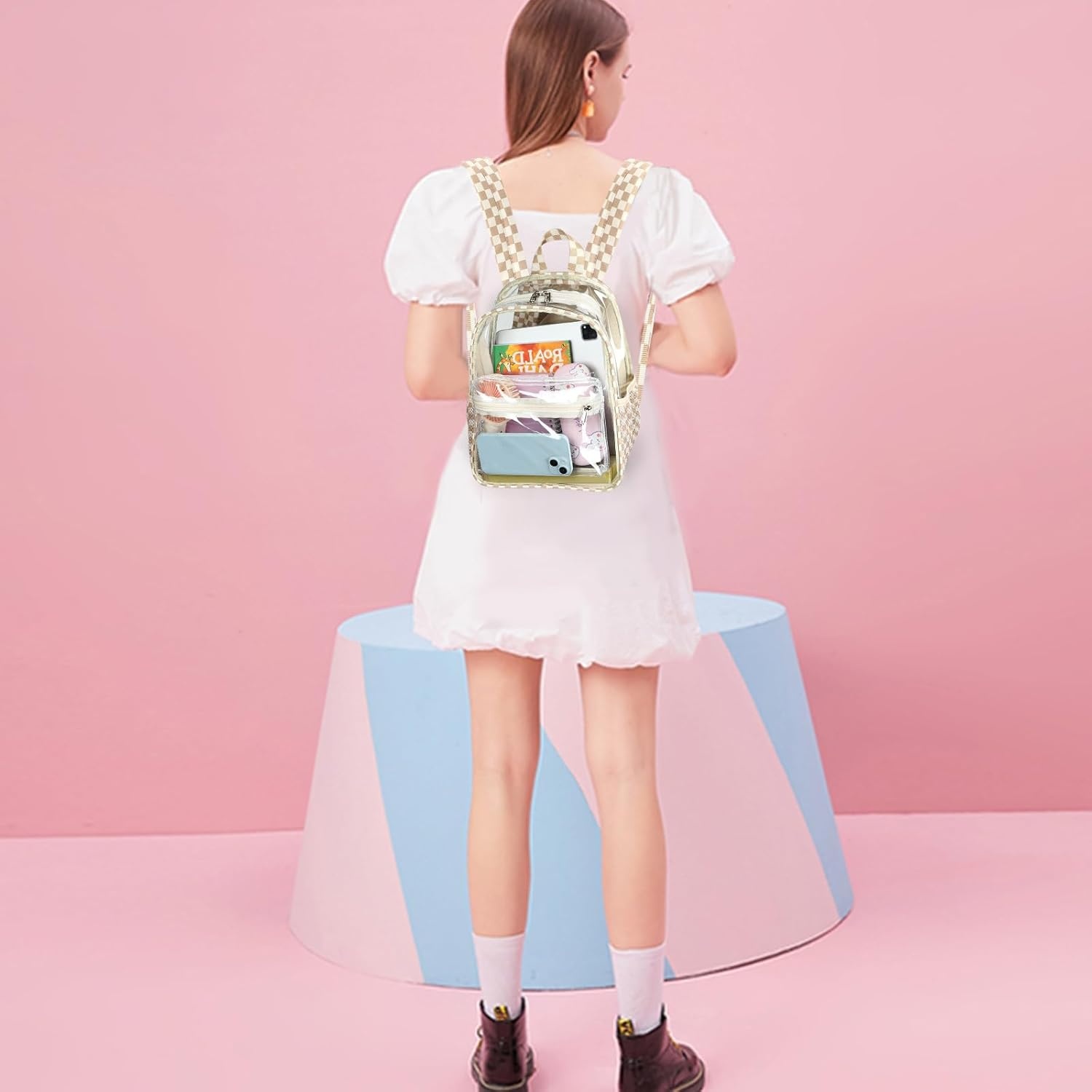 image:imageBTOOP Clear Mini Backpack for Stadium Events 12x12x6 Small Transparent Backpacks Plastic See Through Clear Bag for Concerts Work Festival Security TravelBbrown White Check