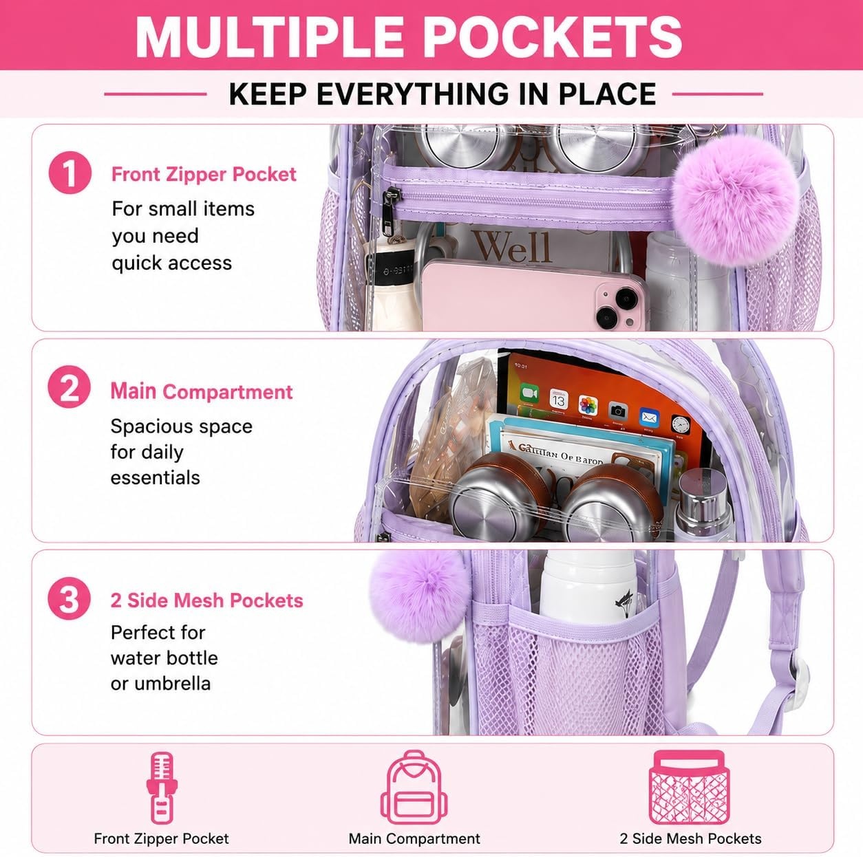 image:imageBTOOP Clear Mini Backpack for Stadium Events 12x12x6 Small Transparent Backpacks Plastic See Through Clear Bag for Concerts Work Festival Security TravelPurple With Pompom Keychain
