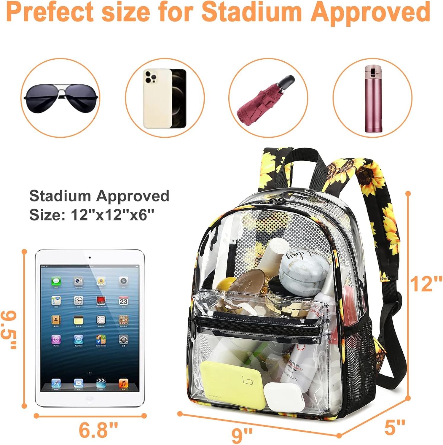 image:imageBTOOP Clear Mini Backpack for Stadium Events 12x12x6 Small Transparent Backpacks Plastic See Through Clear Bag for Concerts Work Festival Security TravelSunflower