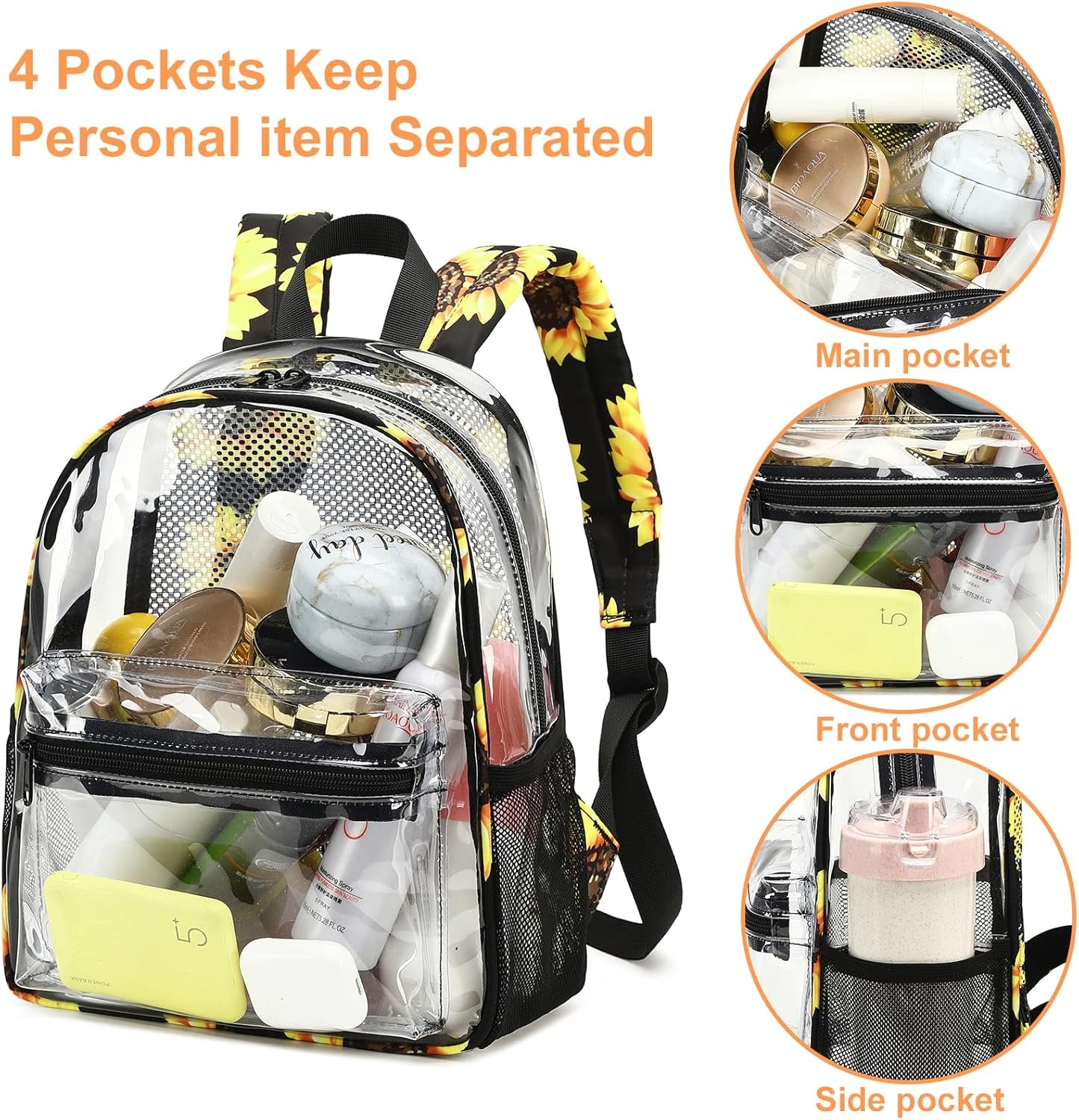 image:imageBTOOP Clear Mini Backpack for Stadium Events 12x12x6 Small Transparent Backpacks Plastic See Through Clear Bag for Concerts Work Festival Security TravelSunflower