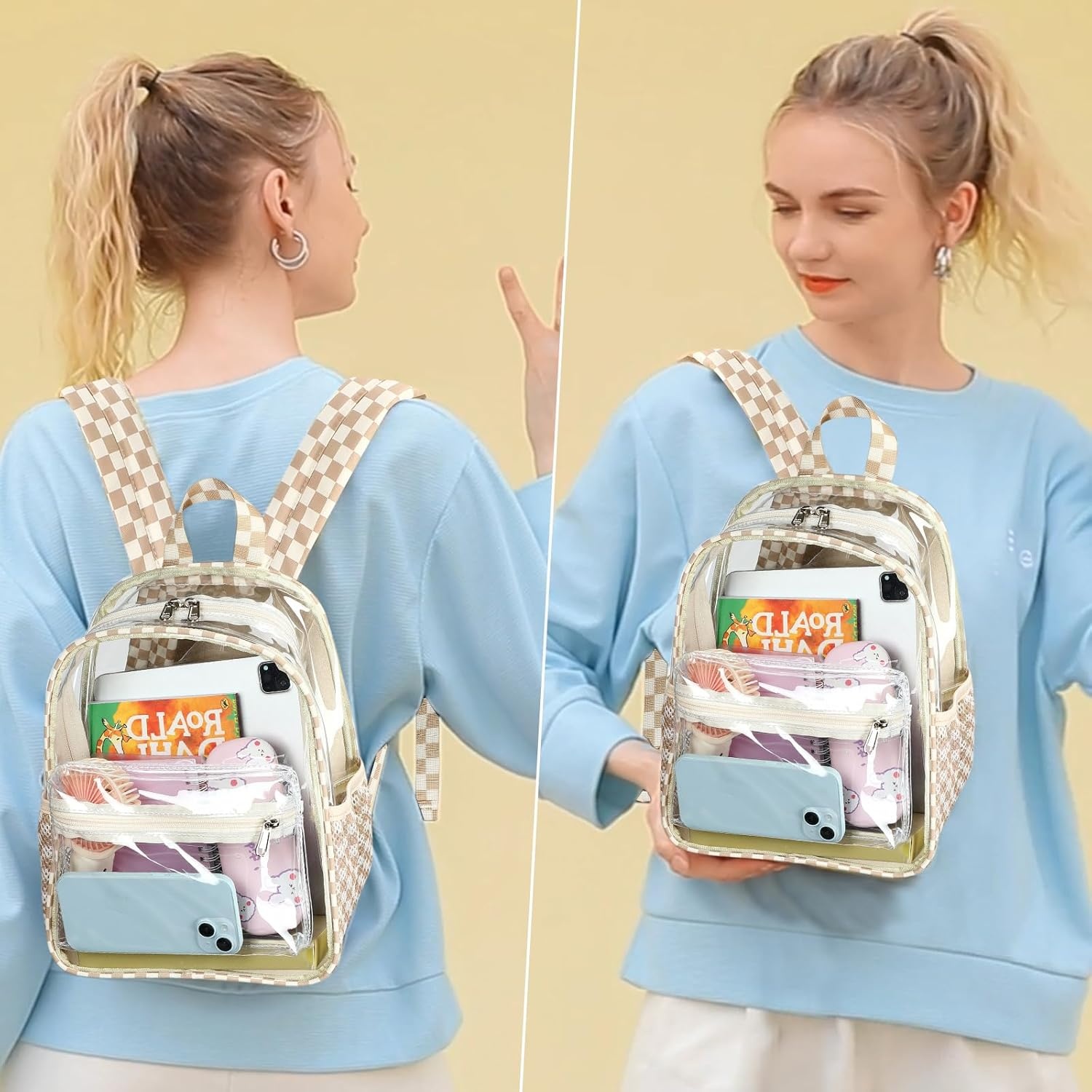 image:imageBTOOP Clear Mini Backpack for Stadium Events 12x12x6 Small Transparent Backpacks Plastic See Through Clear Bag for Concerts Work Festival Security TravelBbrown White Check