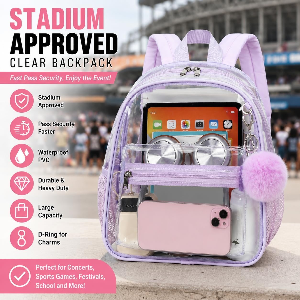 image:imageBTOOP Clear Mini Backpack for Stadium Events 12x12x6 Small Transparent Backpacks Plastic See Through Clear Bag for Concerts Work Festival Security TravelPurple With Pompom Keychain