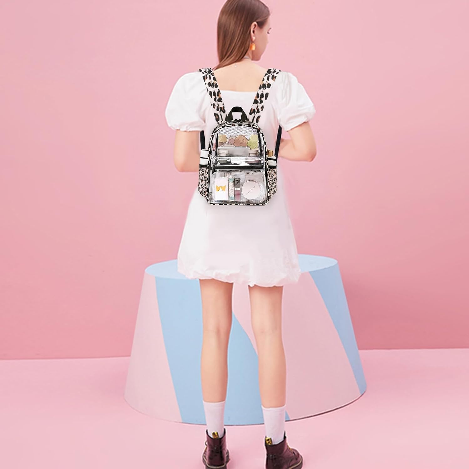 image:imageBTOOP Clear Mini Backpack for Stadium Events 12x12x6 Small Transparent Backpacks Plastic See Through Clear Bag for Concerts Work Festival Security TravelLight Leopard