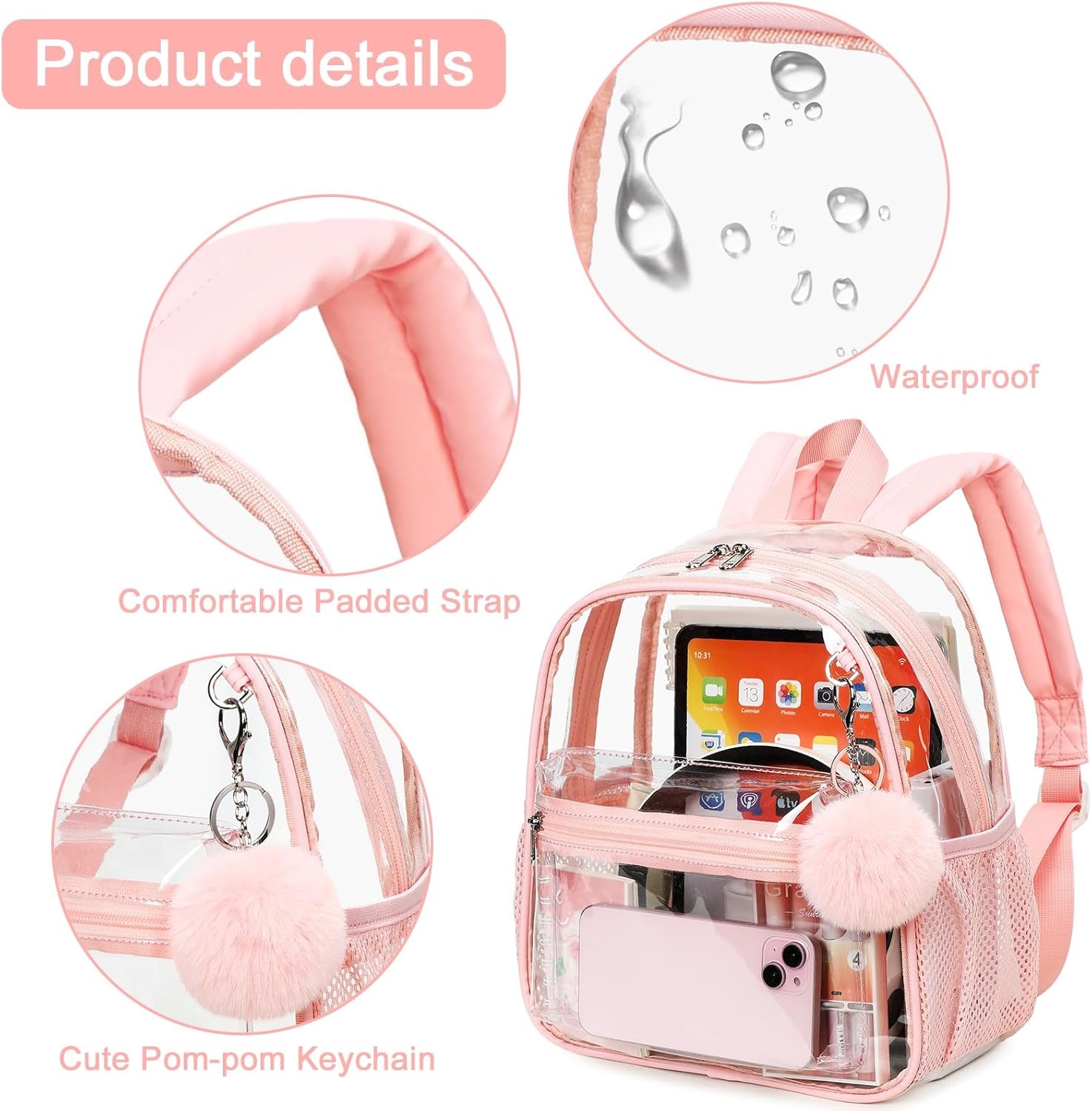 image:imageBTOOP Clear Mini Backpack for Stadium Events 12x12x6 Small Transparent Backpacks Plastic See Through Clear Bag for Concerts Work Festival Security TravelApink With Pompom Keychain