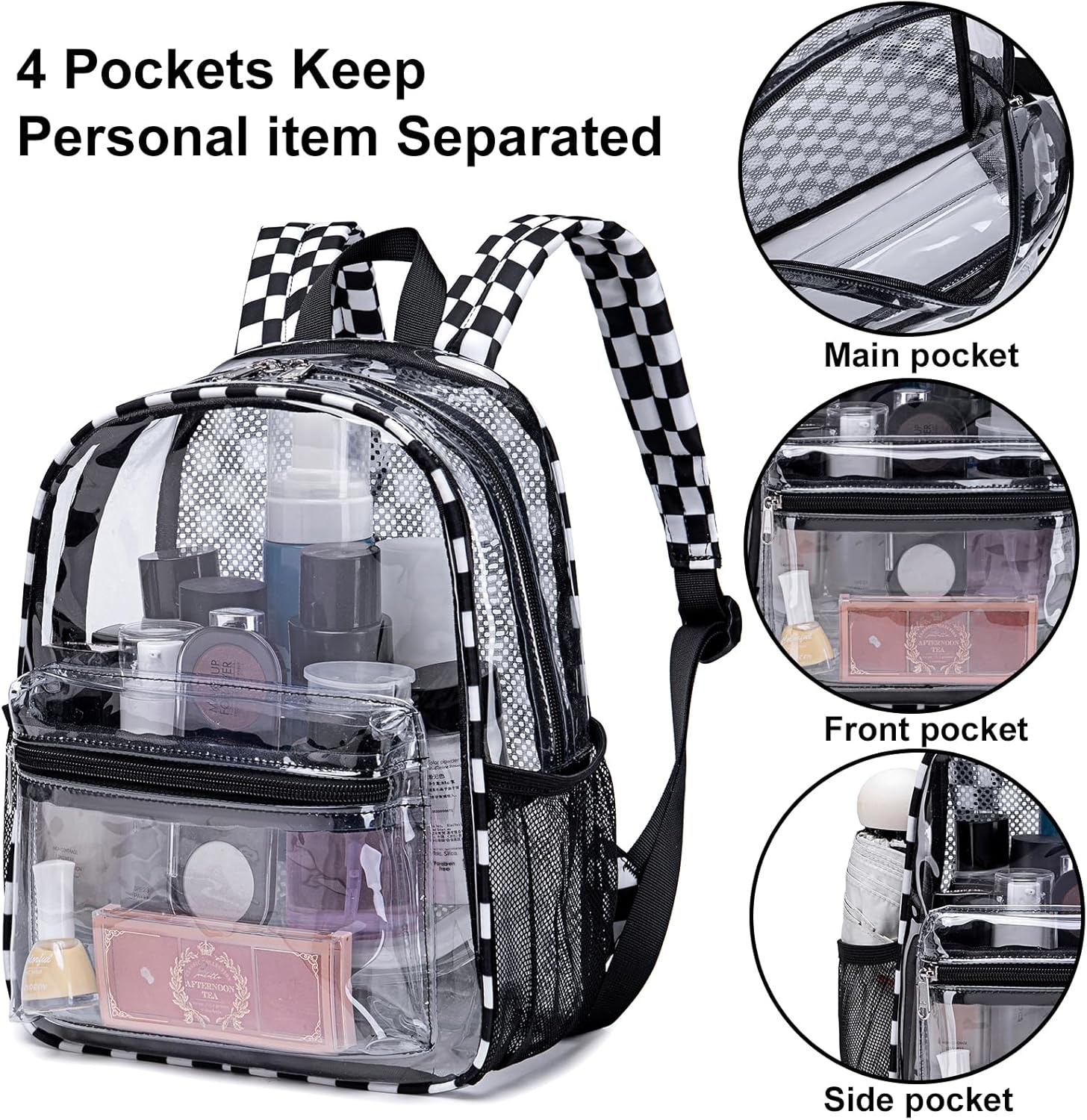 image:imageBTOOP Clear Mini Backpack for Stadium Events 12x12x6 Small Transparent Backpacks Plastic See Through Clear Bag for Concerts Work Festival Security TravelBlack White Plaid