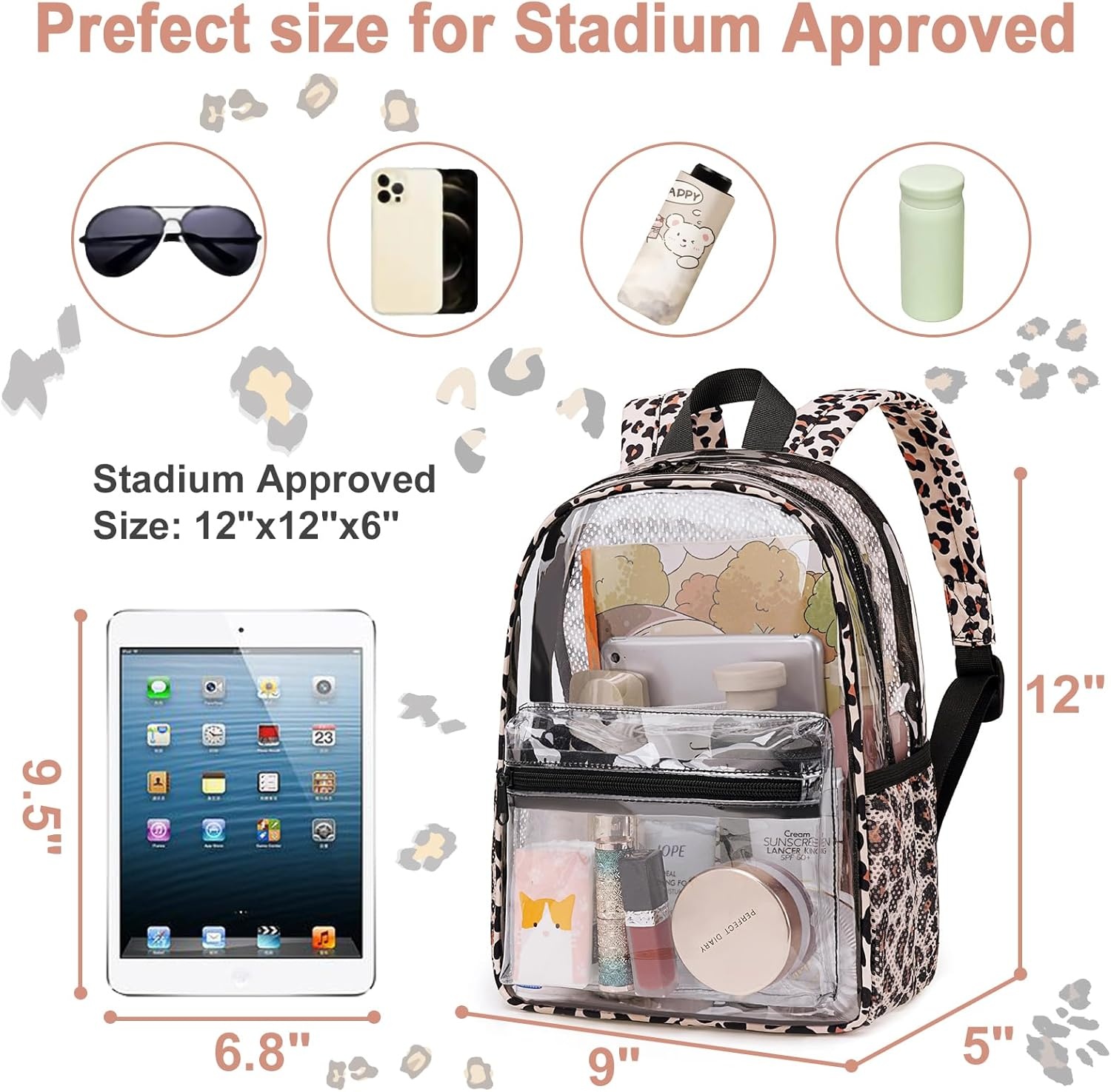 image:imageBTOOP Clear Mini Backpack for Stadium Events 12x12x6 Small Transparent Backpacks Plastic See Through Clear Bag for Concerts Work Festival Security TravelLight Leopard