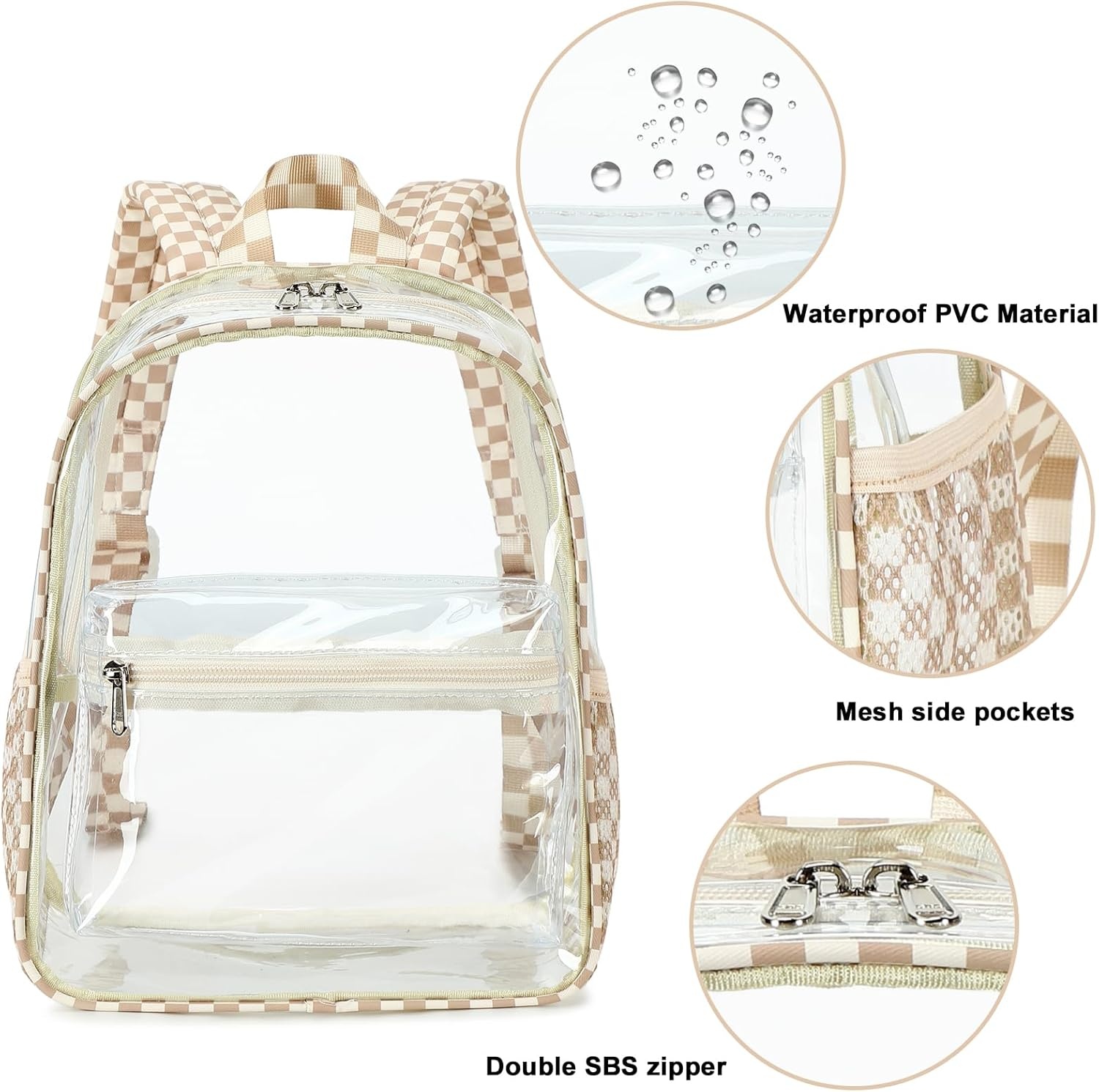 image:imageBTOOP Clear Mini Backpack for Stadium Events 12x12x6 Small Transparent Backpacks Plastic See Through Clear Bag for Concerts Work Festival Security TravelBbrown White Check
