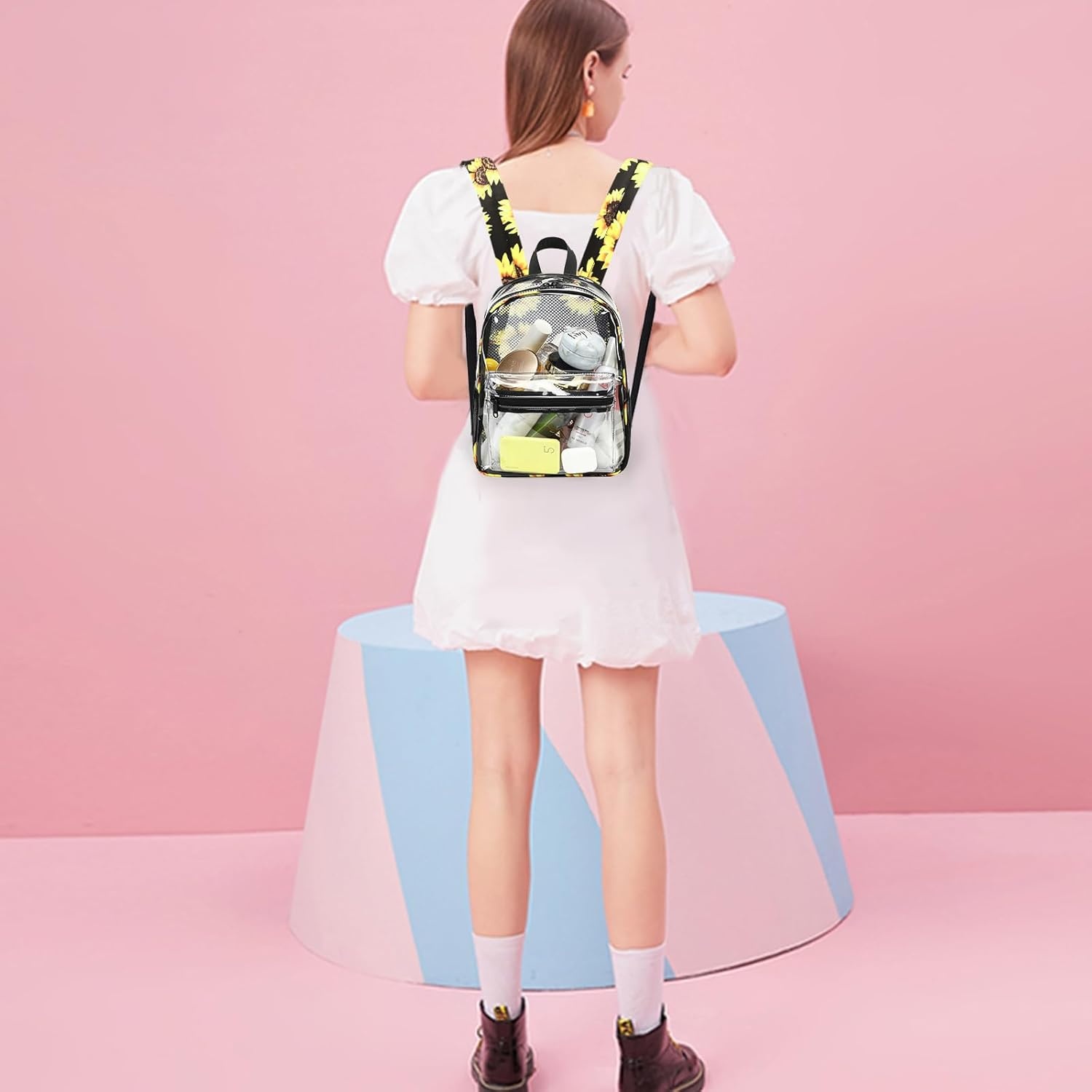 image:imageBTOOP Clear Mini Backpack for Stadium Events 12x12x6 Small Transparent Backpacks Plastic See Through Clear Bag for Concerts Work Festival Security TravelSunflower