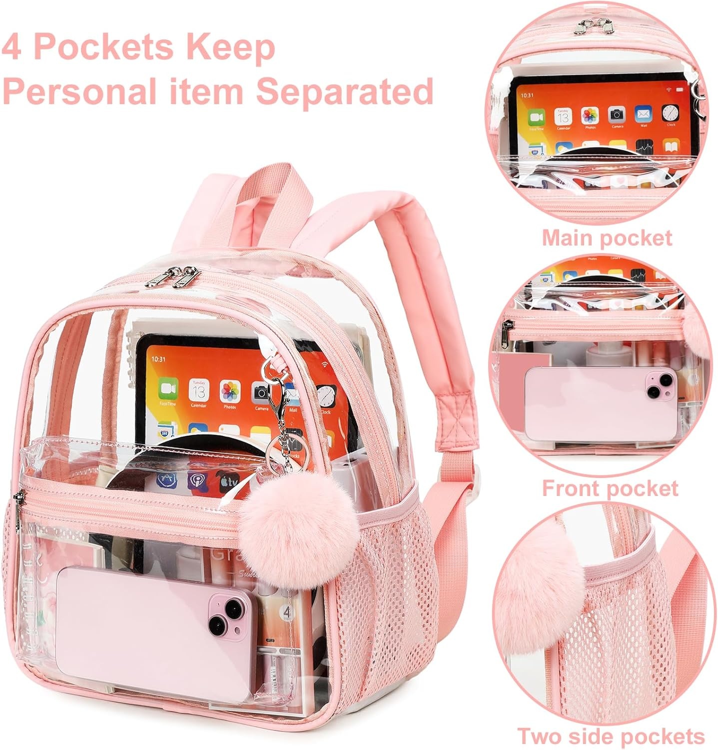 image:imageBTOOP Clear Mini Backpack for Stadium Events 12x12x6 Small Transparent Backpacks Plastic See Through Clear Bag for Concerts Work Festival Security TravelApink With Pompom Keychain