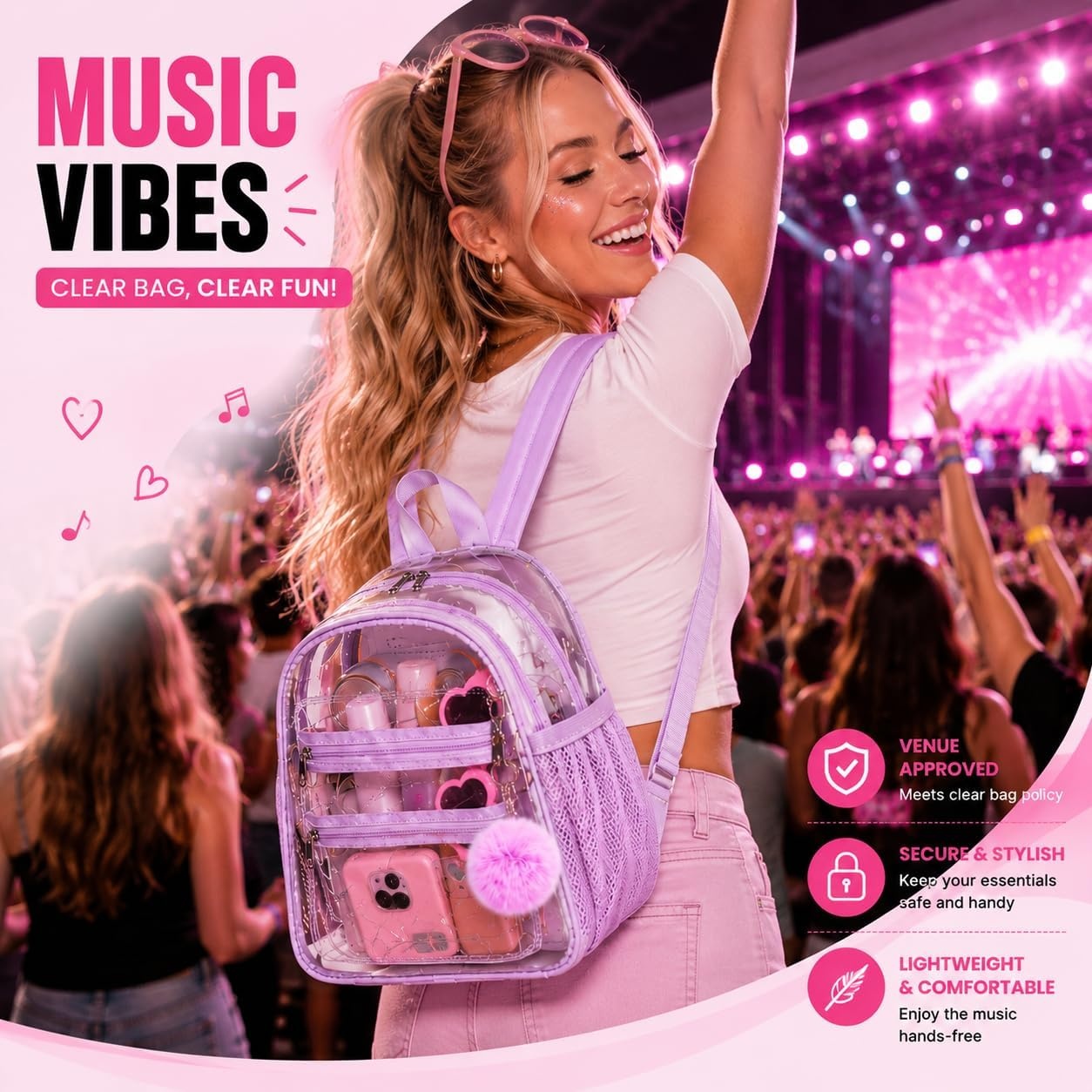 image:imageBTOOP Clear Mini Backpack for Stadium Events 12x12x6 Small Transparent Backpacks Plastic See Through Clear Bag for Concerts Work Festival Security TravelPurple With Pompom Keychain