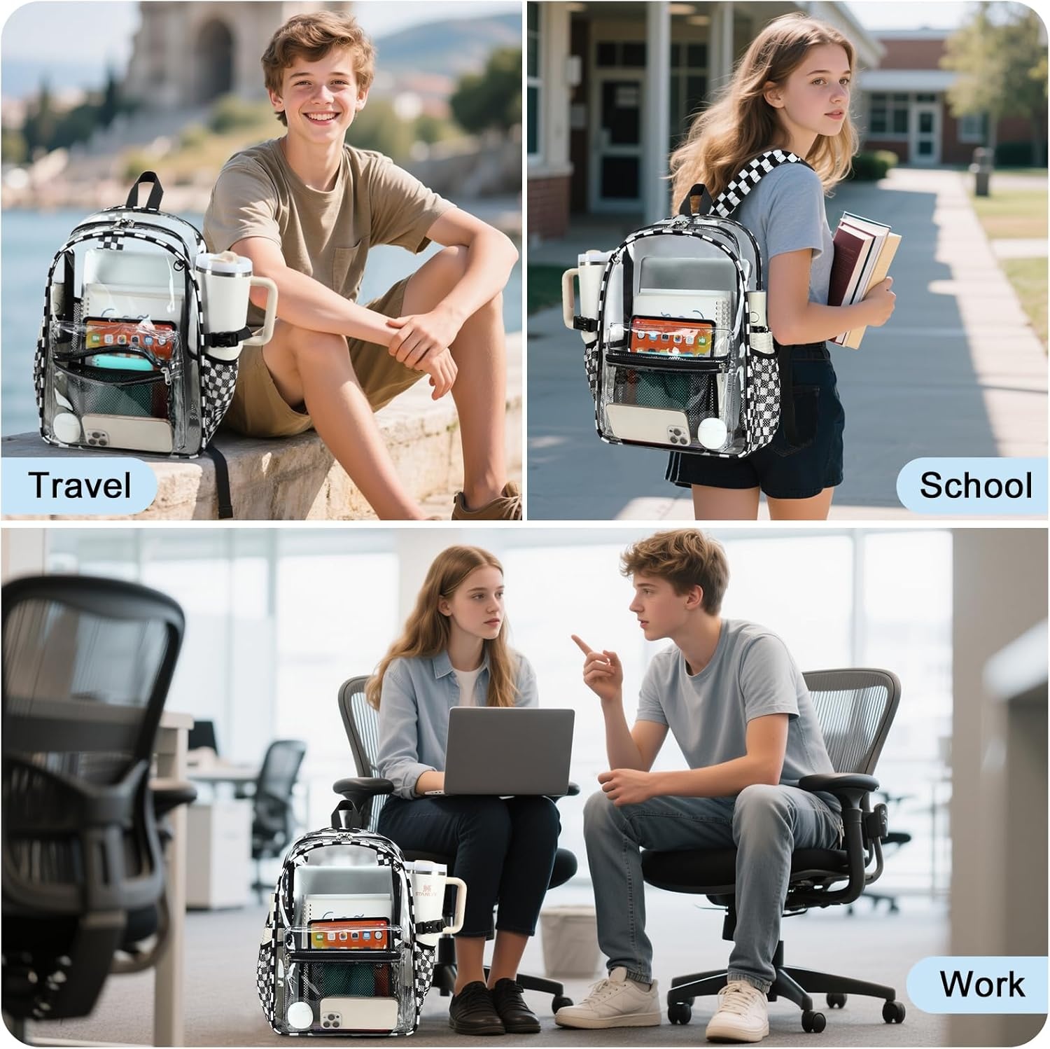 image:imageBTOOP Clear Mini Backpack for Stadium Events 12x12x6 Small Transparent Backpacks Plastic See Through Clear Bag for Concerts Work Festival Security TravelLblack White Plaid