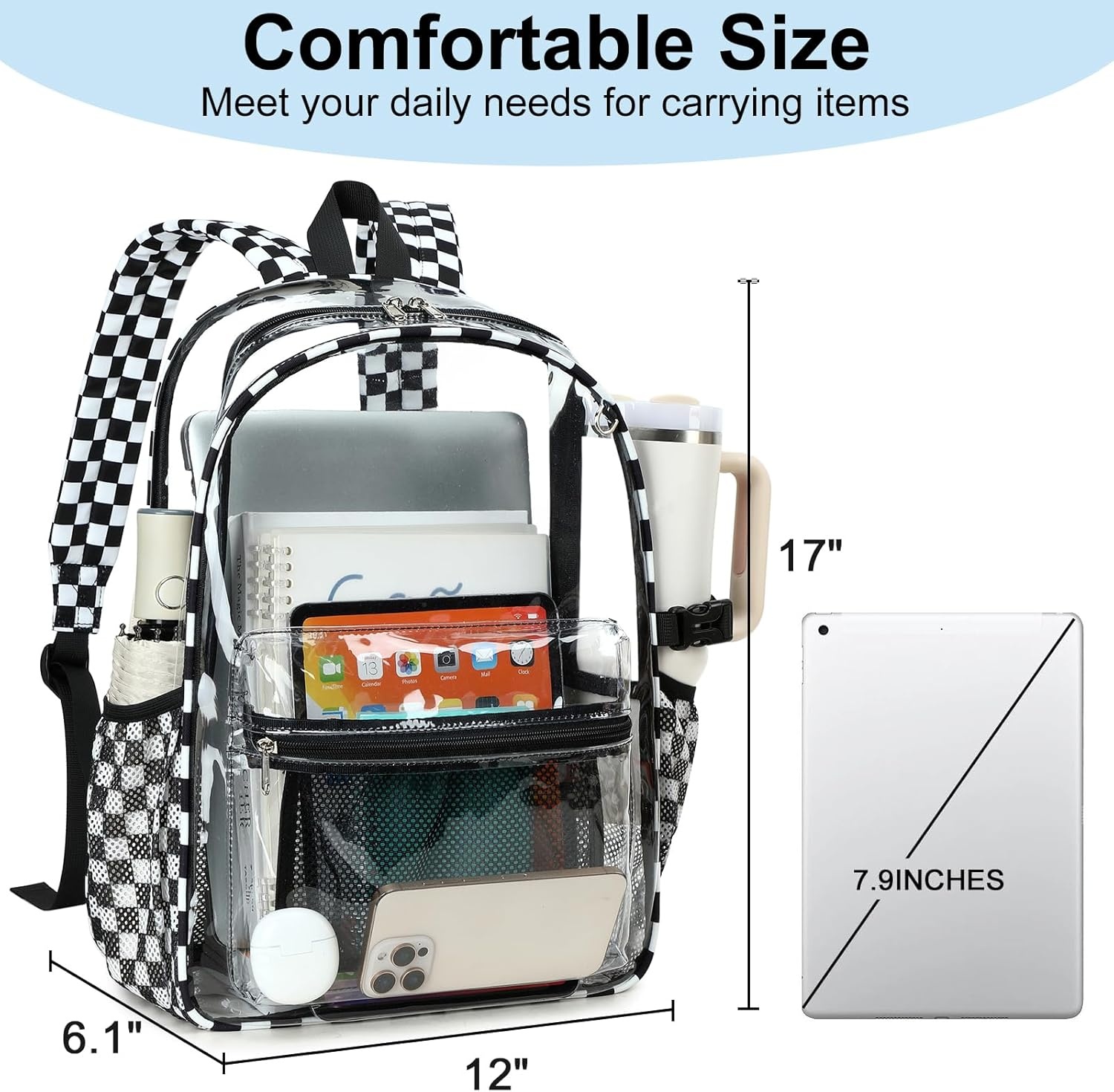 image:imageBTOOP Clear Mini Backpack for Stadium Events 12x12x6 Small Transparent Backpacks Plastic See Through Clear Bag for Concerts Work Festival Security TravelLblack White Plaid