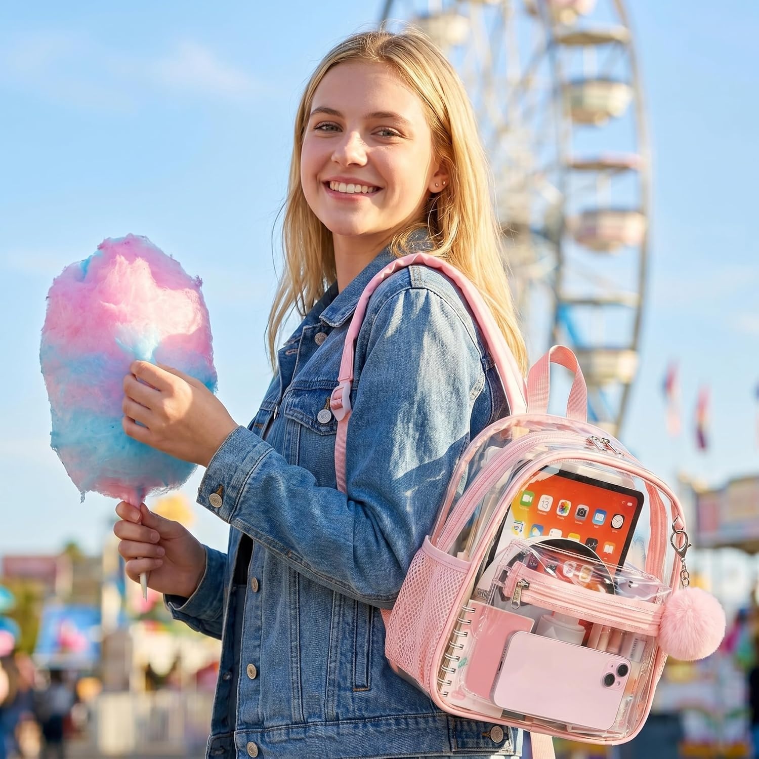 image:imageBTOOP Clear Mini Backpack for Stadium Events 12x12x6 Small Transparent Backpacks Plastic See Through Clear Bag for Concerts Work Festival Security TravelApink With Pompom Keychain