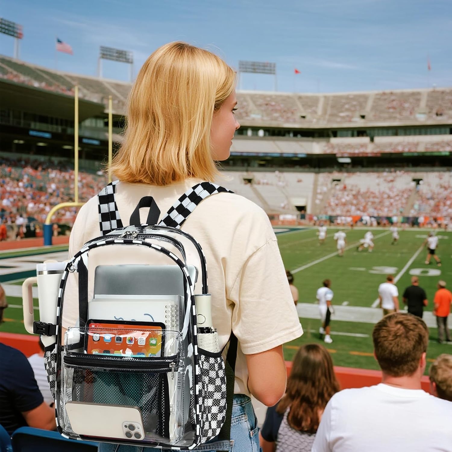 image:imageBTOOP Clear Mini Backpack for Stadium Events 12x12x6 Small Transparent Backpacks Plastic See Through Clear Bag for Concerts Work Festival Security TravelLblack White Plaid
