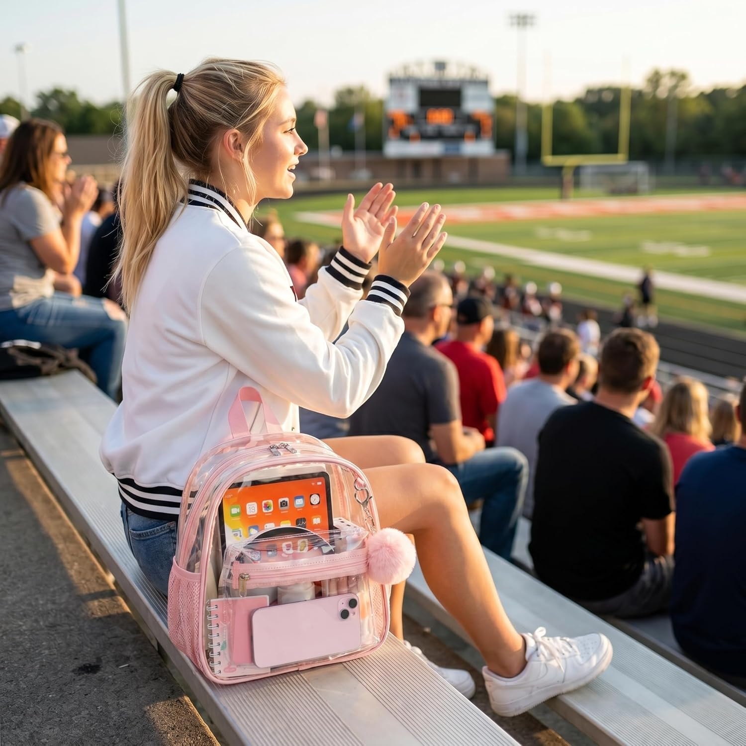 image:imageBTOOP Clear Mini Backpack for Stadium Events 12x12x6 Small Transparent Backpacks Plastic See Through Clear Bag for Concerts Work Festival Security TravelApink With Pompom Keychain