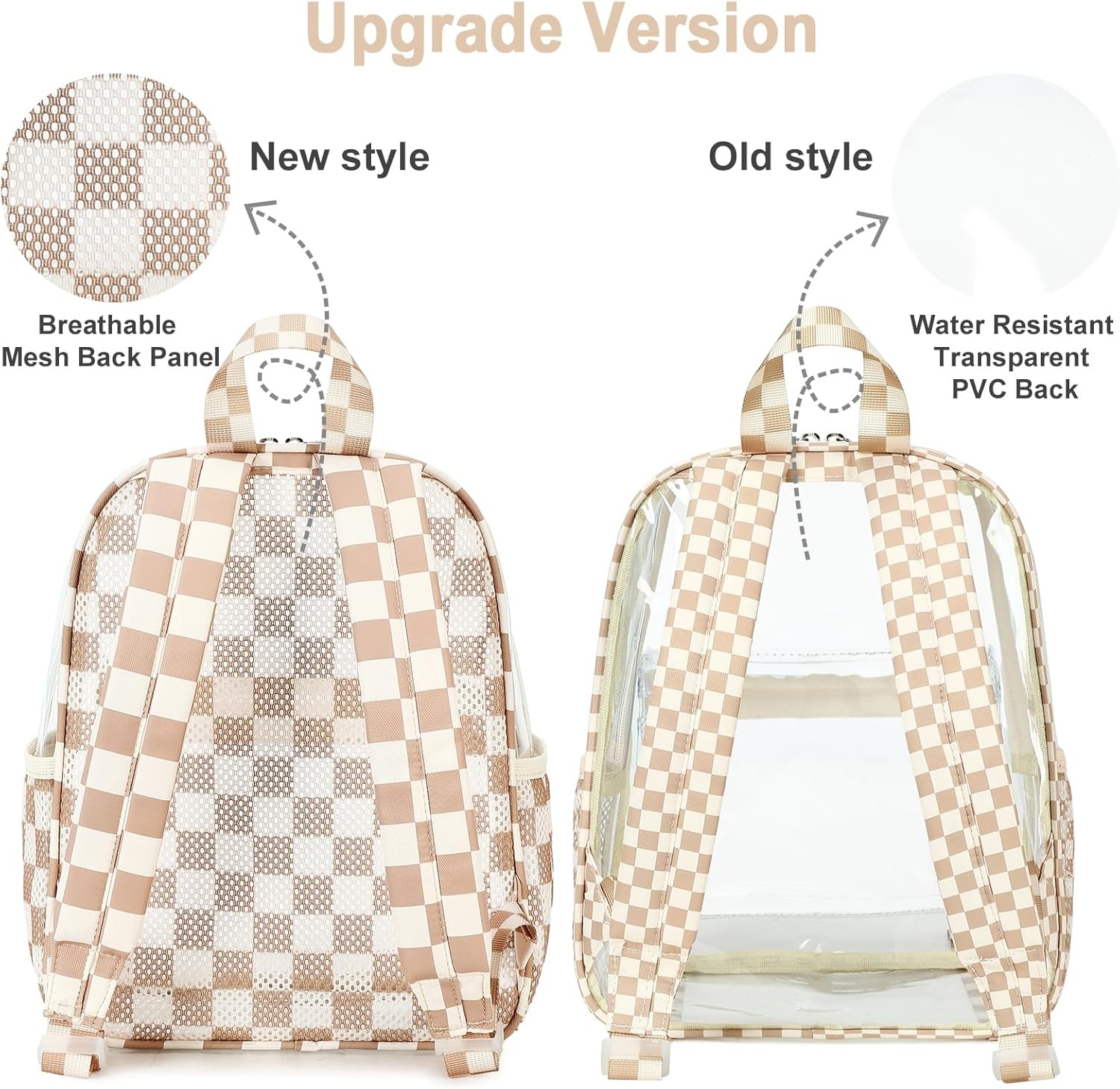 image:imageBTOOP Clear Mini Backpack for Stadium Events 12x12x6 Small Transparent Backpacks Plastic See Through Clear Bag for Concerts Work Festival Security TravelBbrown White Check