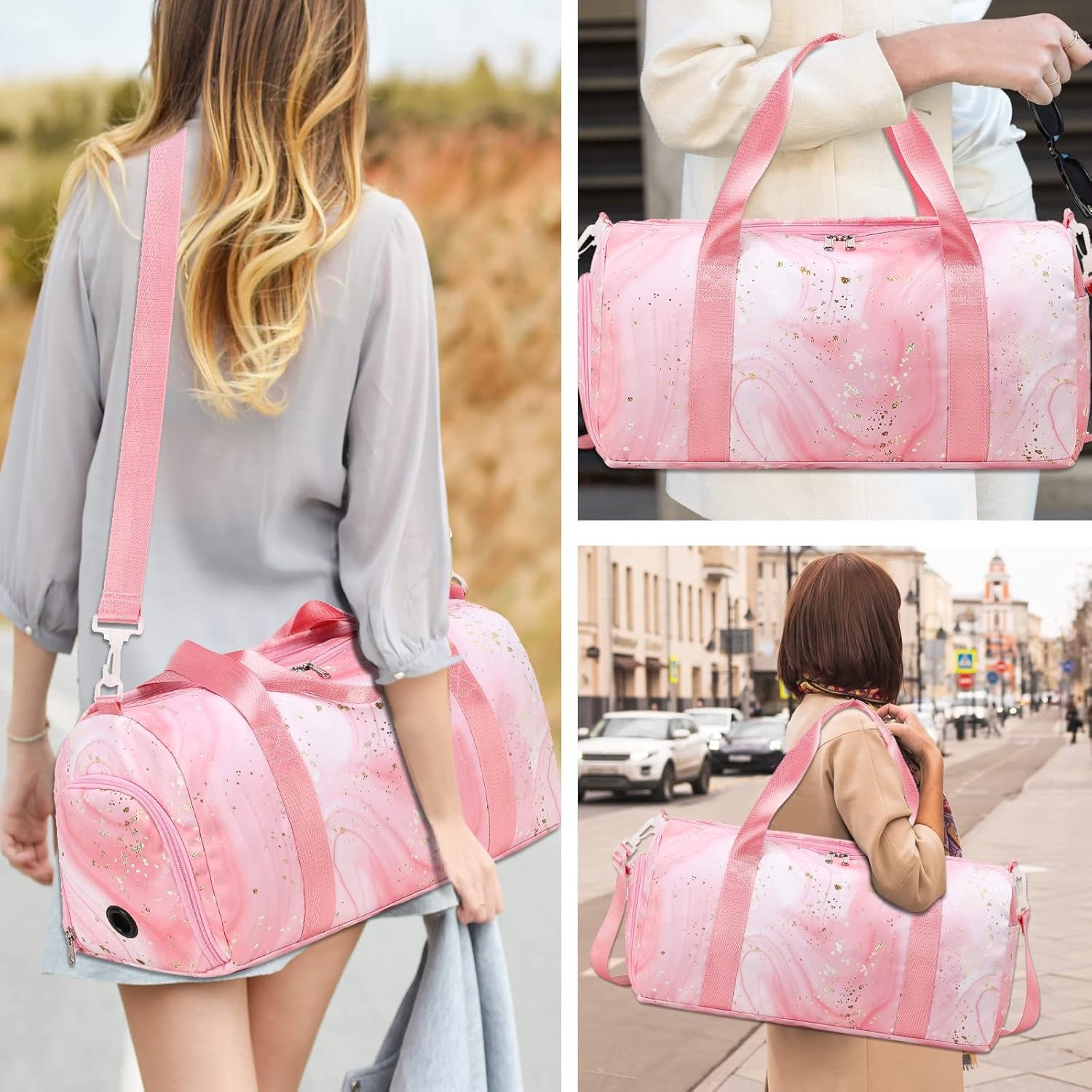 image:imageGym Duffle Bag for Teens Girls Women Sports Travel Bags with Makeup Tote Overnight Weekender Bag with Shoe Compartment Set 23 L