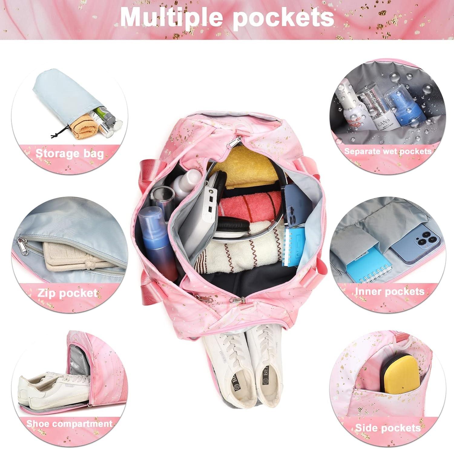 image:imageGym Duffle Bag for Teens Girls Women Sports Travel Bags with Makeup Tote Overnight Weekender Bag with Shoe Compartment Set 23 L