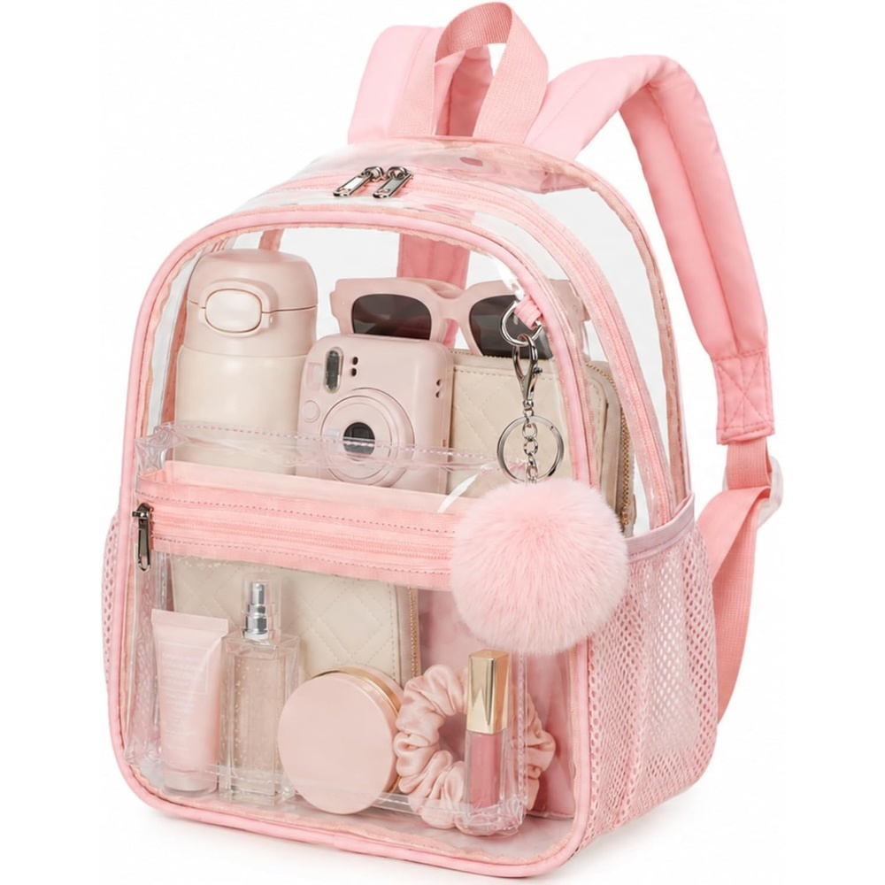 image:imageBTOOP Clear Mini Backpack for Stadium Events 12x12x6 Small Transparent Backpacks Plastic See Through Clear Bag for Concerts Work Festival Security TravelApink With Pompom Keychain