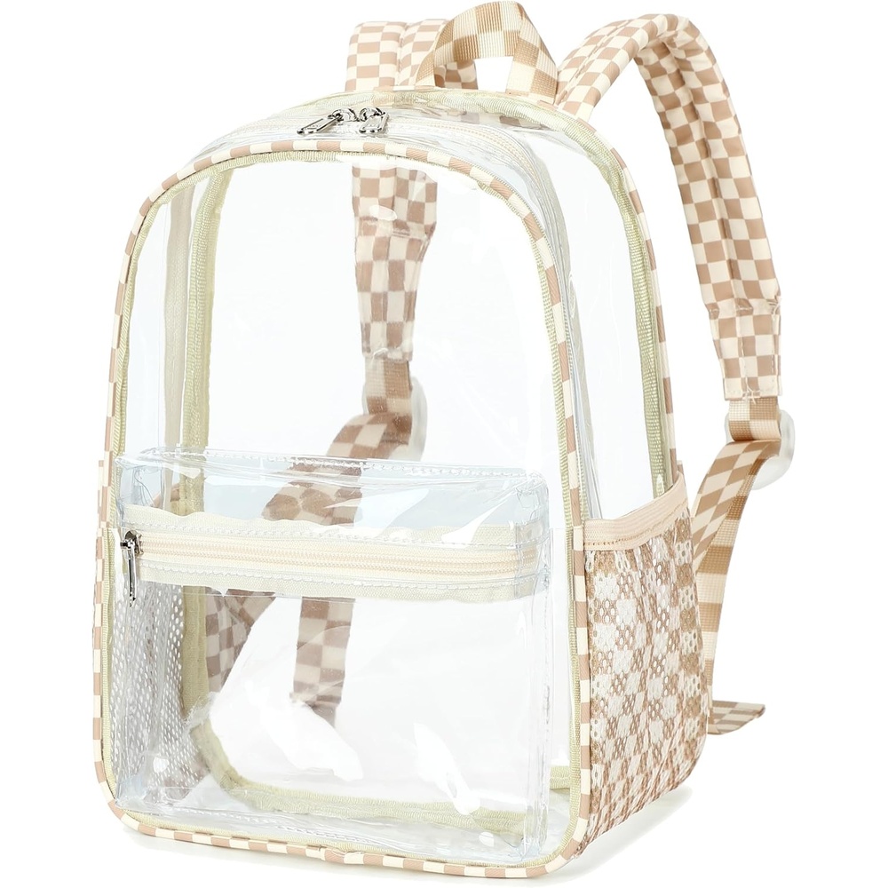 image:imageBTOOP Clear Mini Backpack for Stadium Events 12x12x6 Small Transparent Backpacks Plastic See Through Clear Bag for Concerts Work Festival Security TravelBbrown White Check