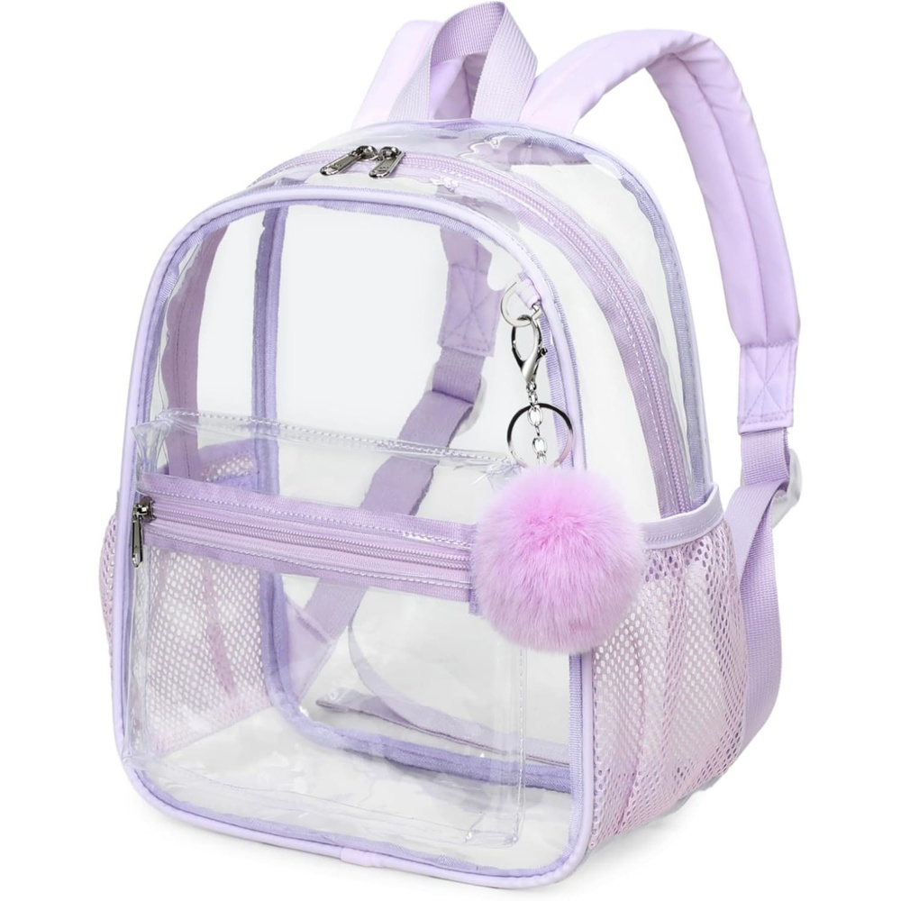 image:imageBTOOP Clear Mini Backpack for Stadium Events 12x12x6 Small Transparent Backpacks Plastic See Through Clear Bag for Concerts Work Festival Security TravelPurple With Pompom Keychain