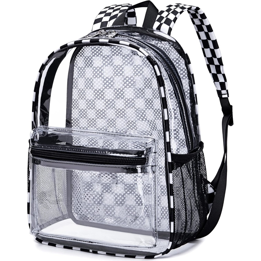 image:imageBTOOP Clear Mini Backpack for Stadium Events 12x12x6 Small Transparent Backpacks Plastic See Through Clear Bag for Concerts Work Festival Security TravelBlack White Plaid