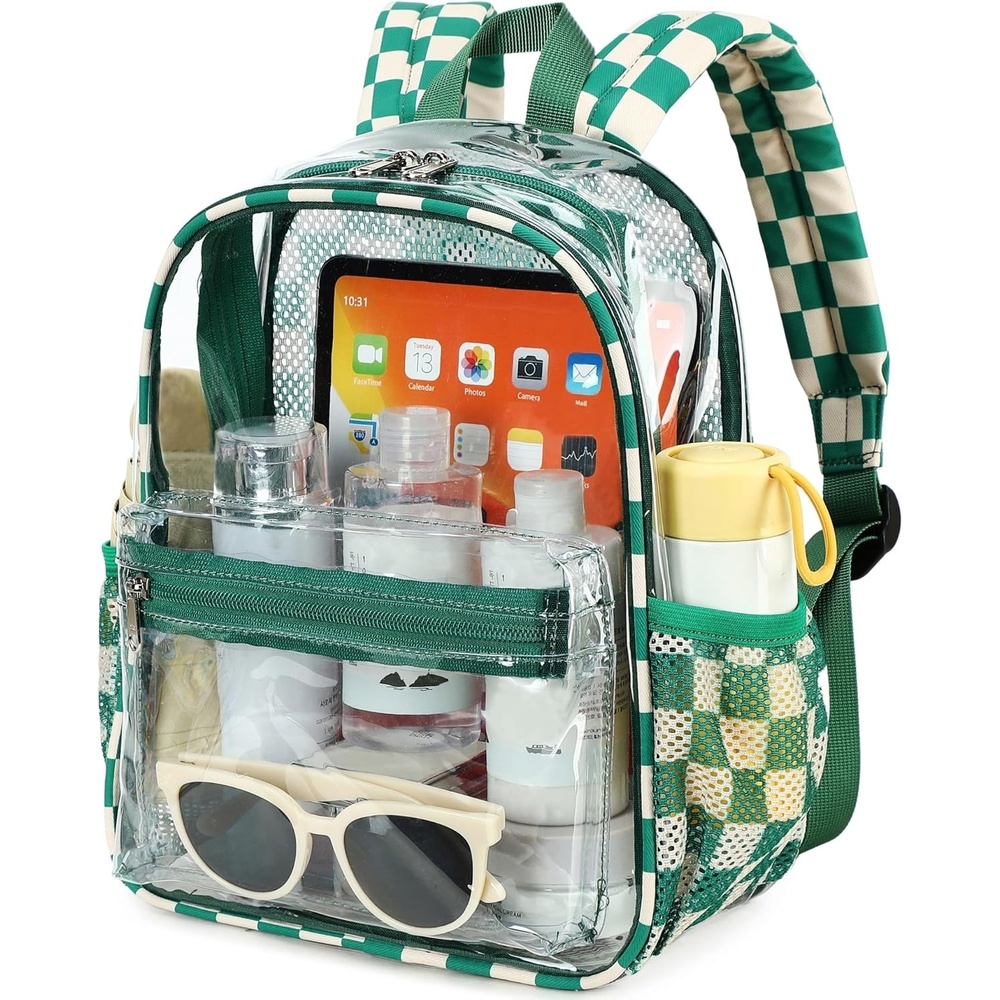 image:imageBTOOP Clear Mini Backpack for Stadium Events 12x12x6 Small Transparent Backpacks Plastic See Through Clear Bag for Concerts Work Festival Security TravelGreen Whitecheckered