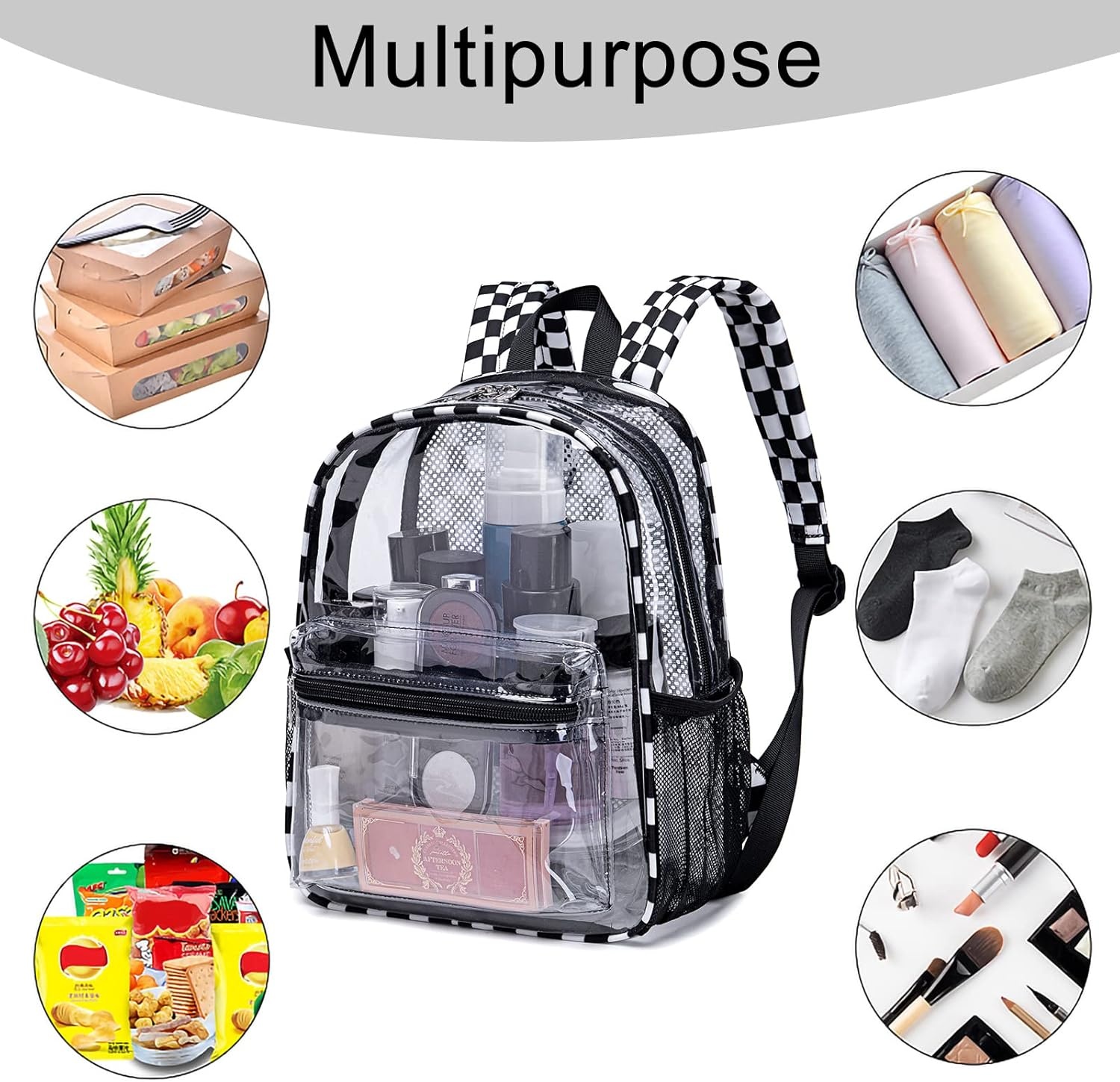 image:imageBTOOP Clear Mini Backpack for Stadium Events 12x12x6 Small Transparent Backpacks Plastic See Through Clear Bag for Concerts Work Festival Security Travel PinkBlack White Plaid