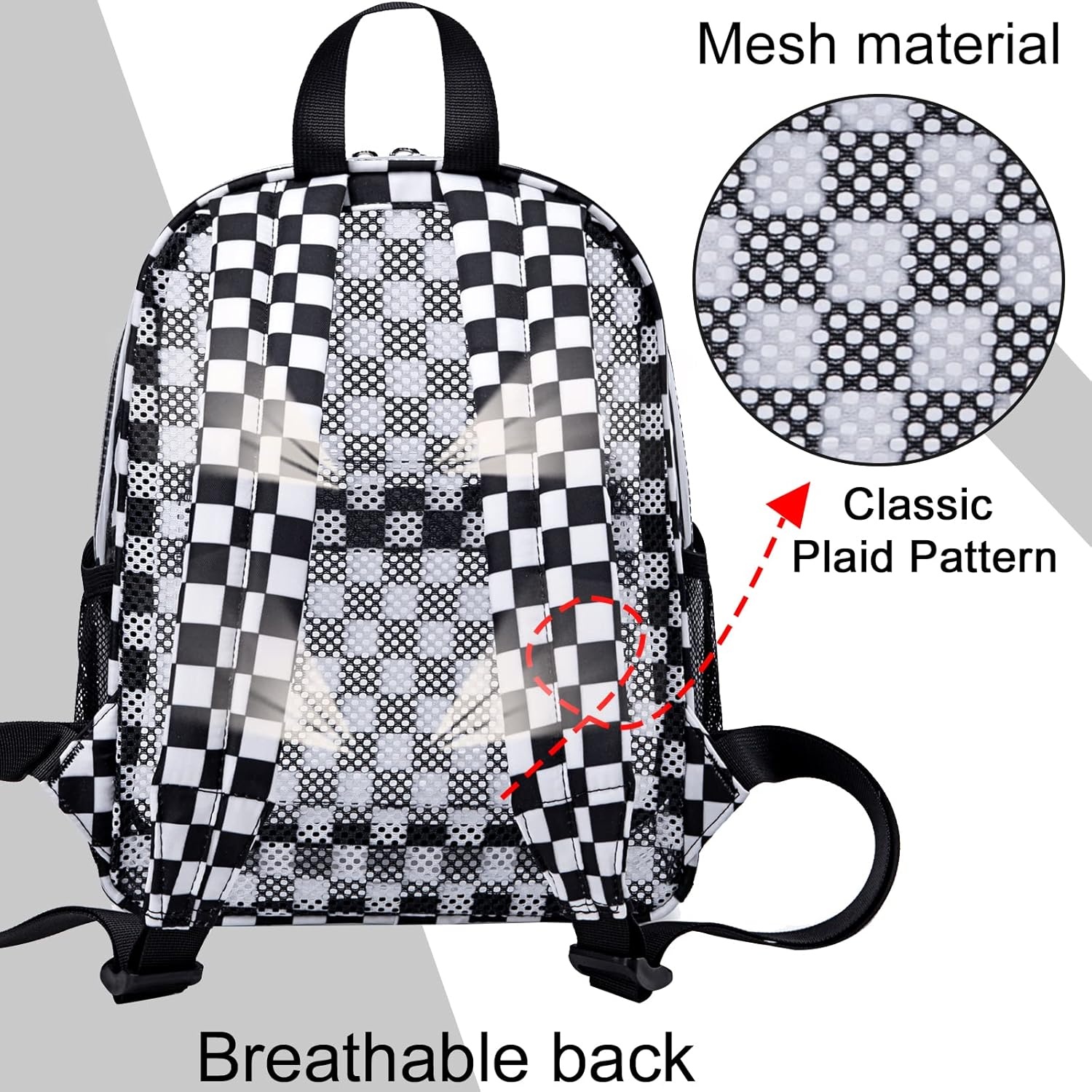 image:imageBTOOP Clear Mini Backpack for Stadium Events 12x12x6 Small Transparent Backpacks Plastic See Through Clear Bag for Concerts Work Festival Security Travel PinkBlack White Plaid