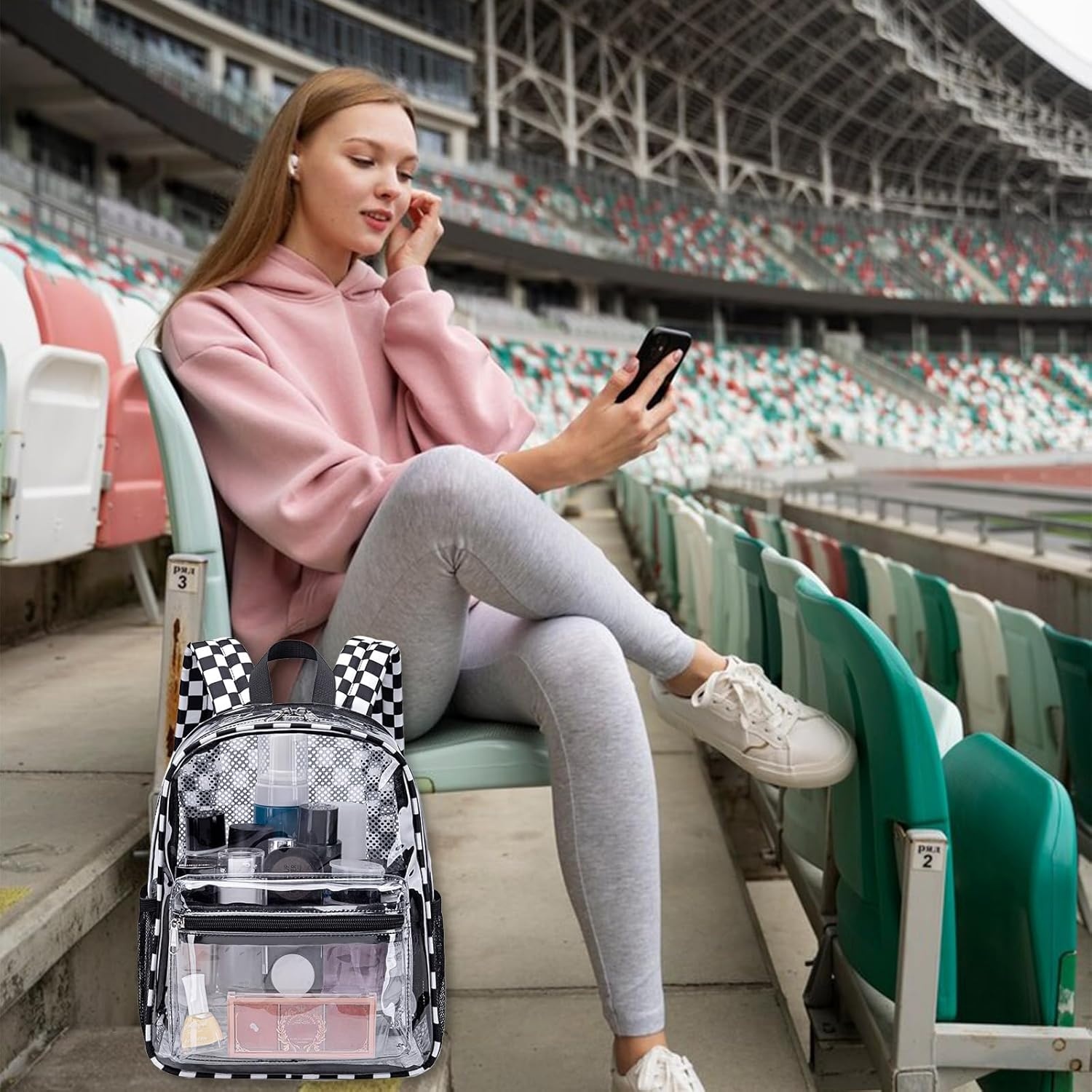 image:imageBTOOP Clear Mini Backpack for Stadium Events 12x12x6 Small Transparent Backpacks Plastic See Through Clear Bag for Concerts Work Festival Security Travel PinkBlack White Plaid