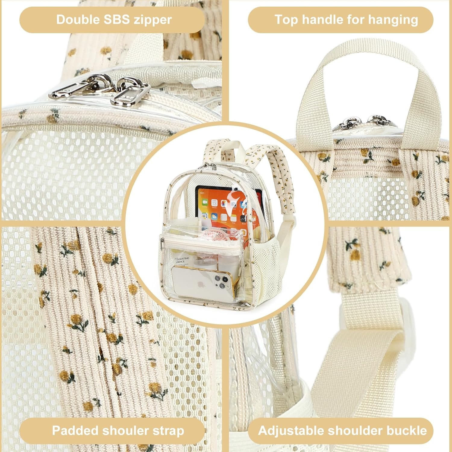 image:imageBTOOP Clear Mini Backpack for Stadium Events 12x12x6 Small Transparent Backpacks Plastic See Through Clear Bag for Concerts Work Festival Security Travel PinkClearflower 92