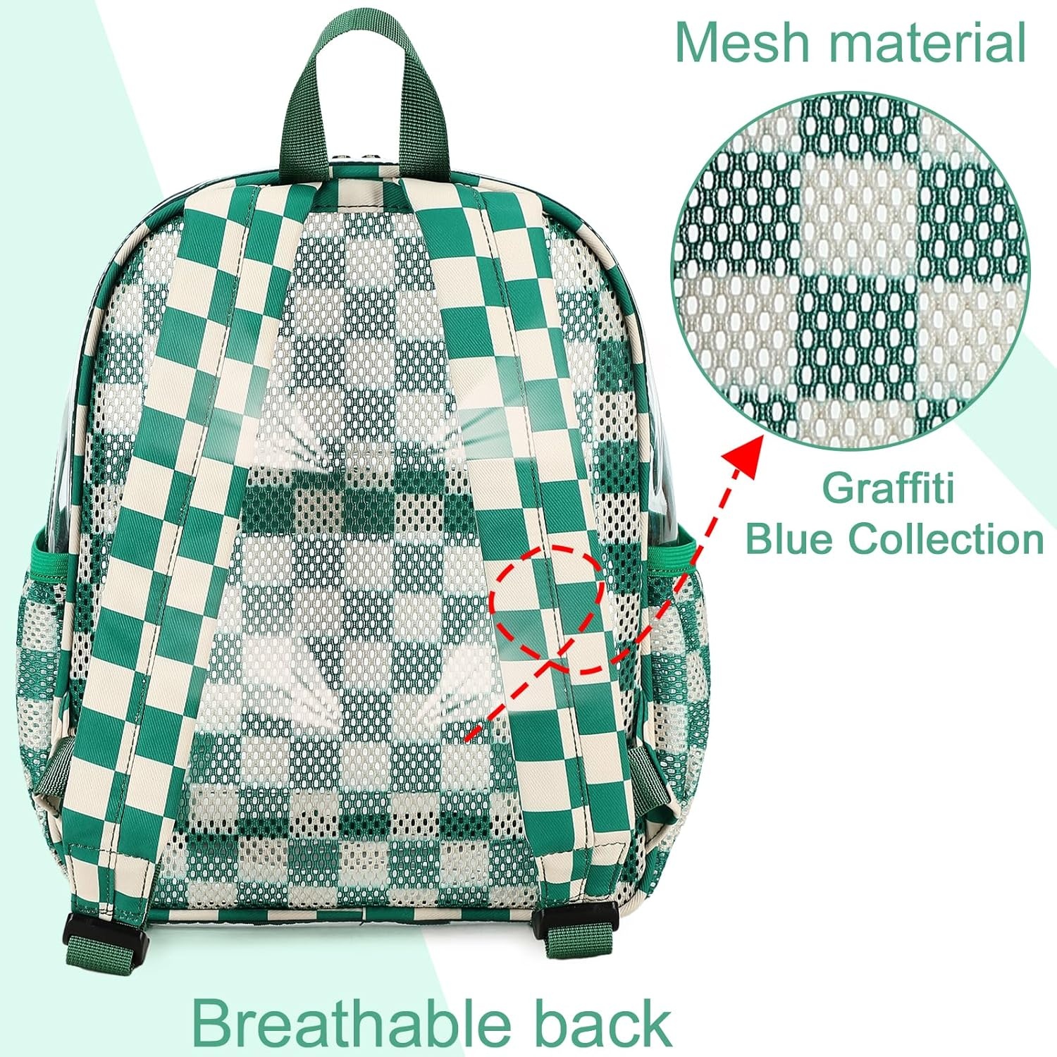 image:imageBTOOP Clear Mini Backpack for Stadium Events 12x12x6 Small Transparent Backpacks Plastic See Through Clear Bag for Concerts Work Festival Security Travel PinkGreen Whitecheckered