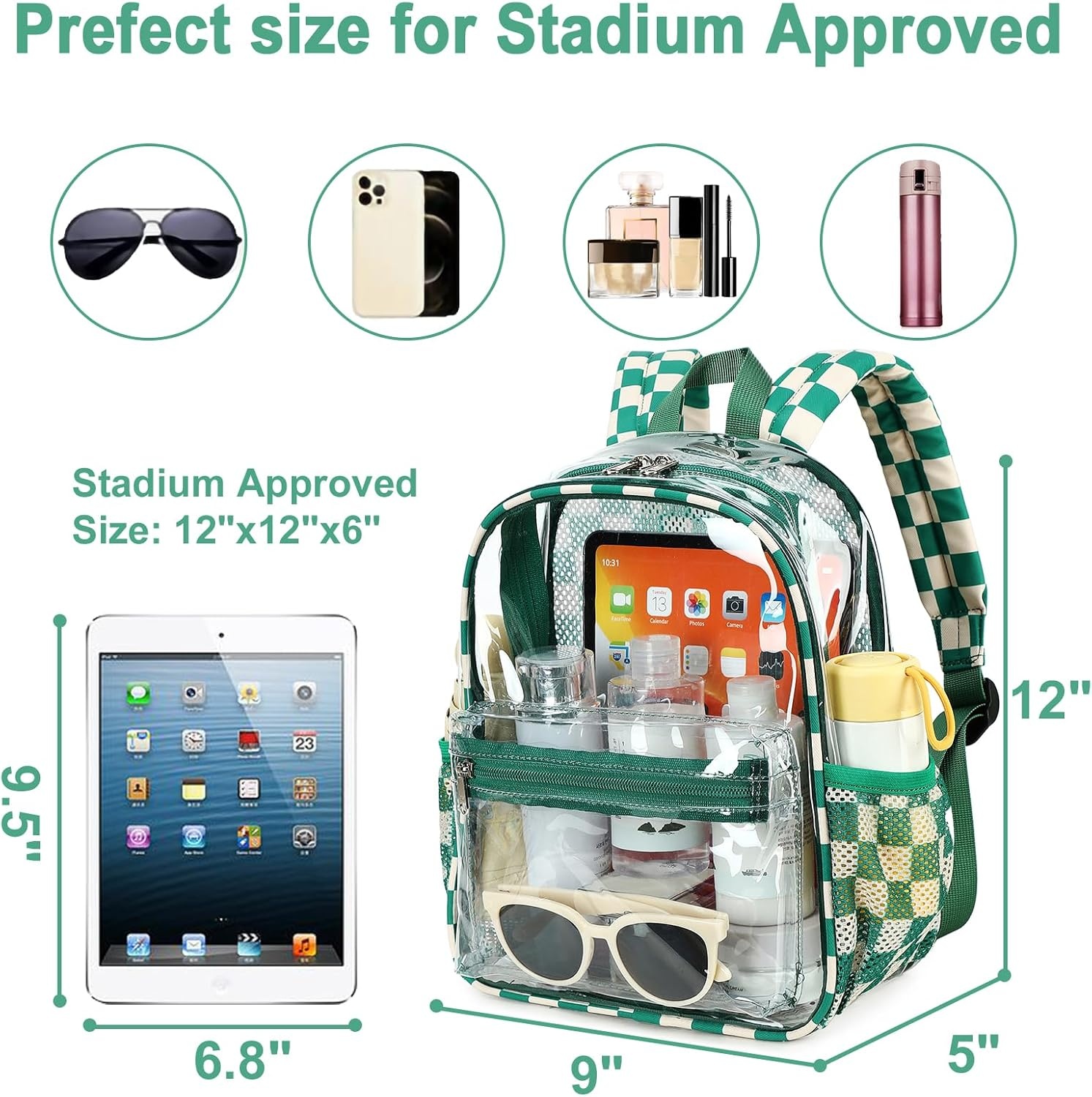 image:imageBTOOP Clear Mini Backpack for Stadium Events 12x12x6 Small Transparent Backpacks Plastic See Through Clear Bag for Concerts Work Festival Security Travel PinkGreen Whitecheckered