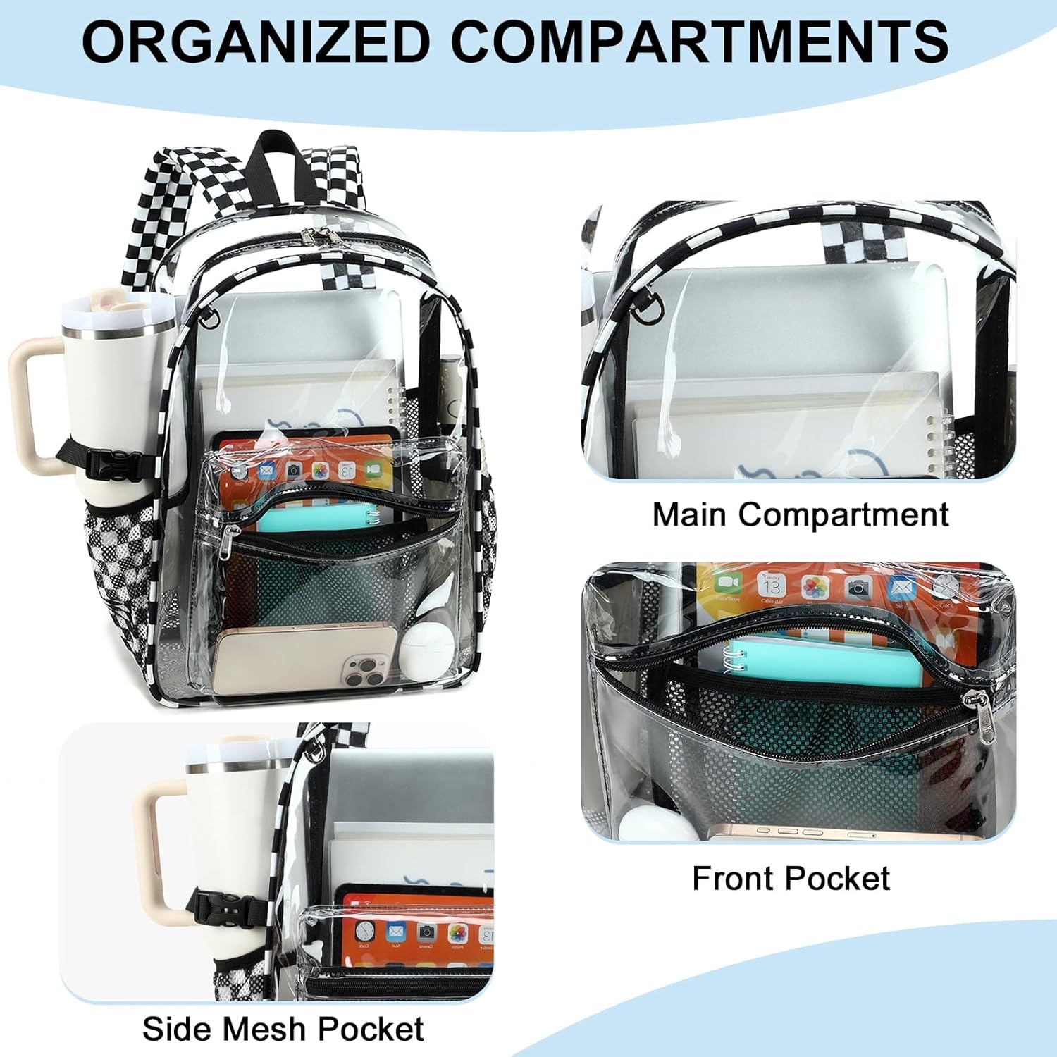 image:imageBTOOP Clear Mini Backpack for Stadium Events 12x12x6 Small Transparent Backpacks Plastic See Through Clear Bag for Concerts Work Festival Security Travel PinkLblack White Plaid
