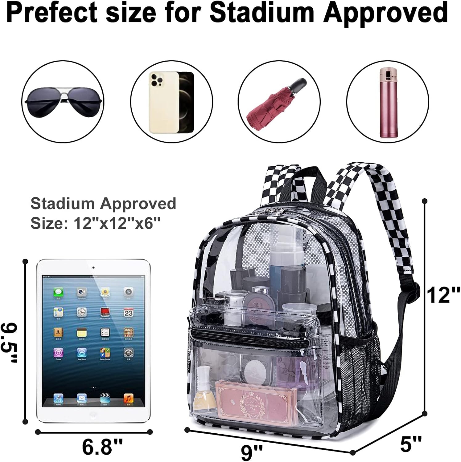 image:imageBTOOP Clear Mini Backpack for Stadium Events 12x12x6 Small Transparent Backpacks Plastic See Through Clear Bag for Concerts Work Festival Security Travel PinkBlack White Plaid