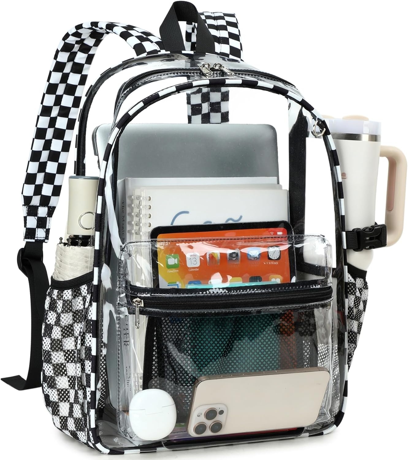 image:imageBTOOP Clear Mini Backpack for Stadium Events 12x12x6 Small Transparent Backpacks Plastic See Through Clear Bag for Concerts Work Festival Security Travel PinkLblack White Plaid
