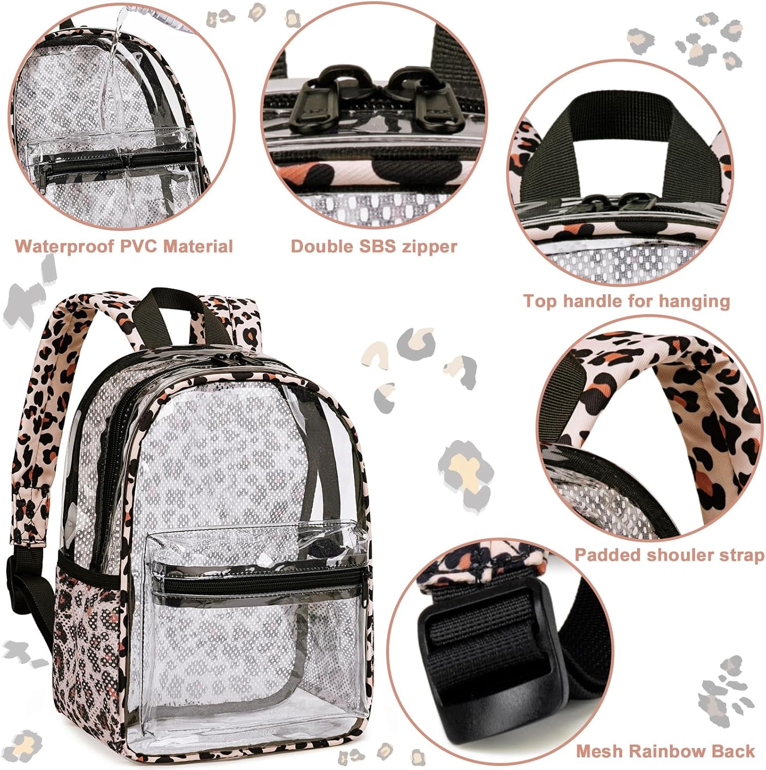 image:imageBTOOP Clear Mini Backpack for Stadium Events 12x12x6 Small Transparent Backpacks Plastic See Through Clear Bag for Concerts Work Festival Security Travel PinkLight Leopard
