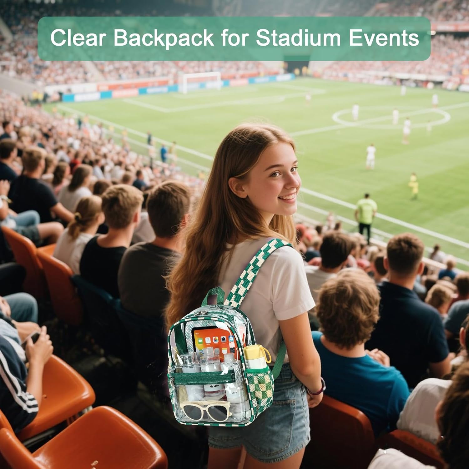 image:imageBTOOP Clear Mini Backpack for Stadium Events 12x12x6 Small Transparent Backpacks Plastic See Through Clear Bag for Concerts Work Festival Security Travel PinkGreen Whitecheckered