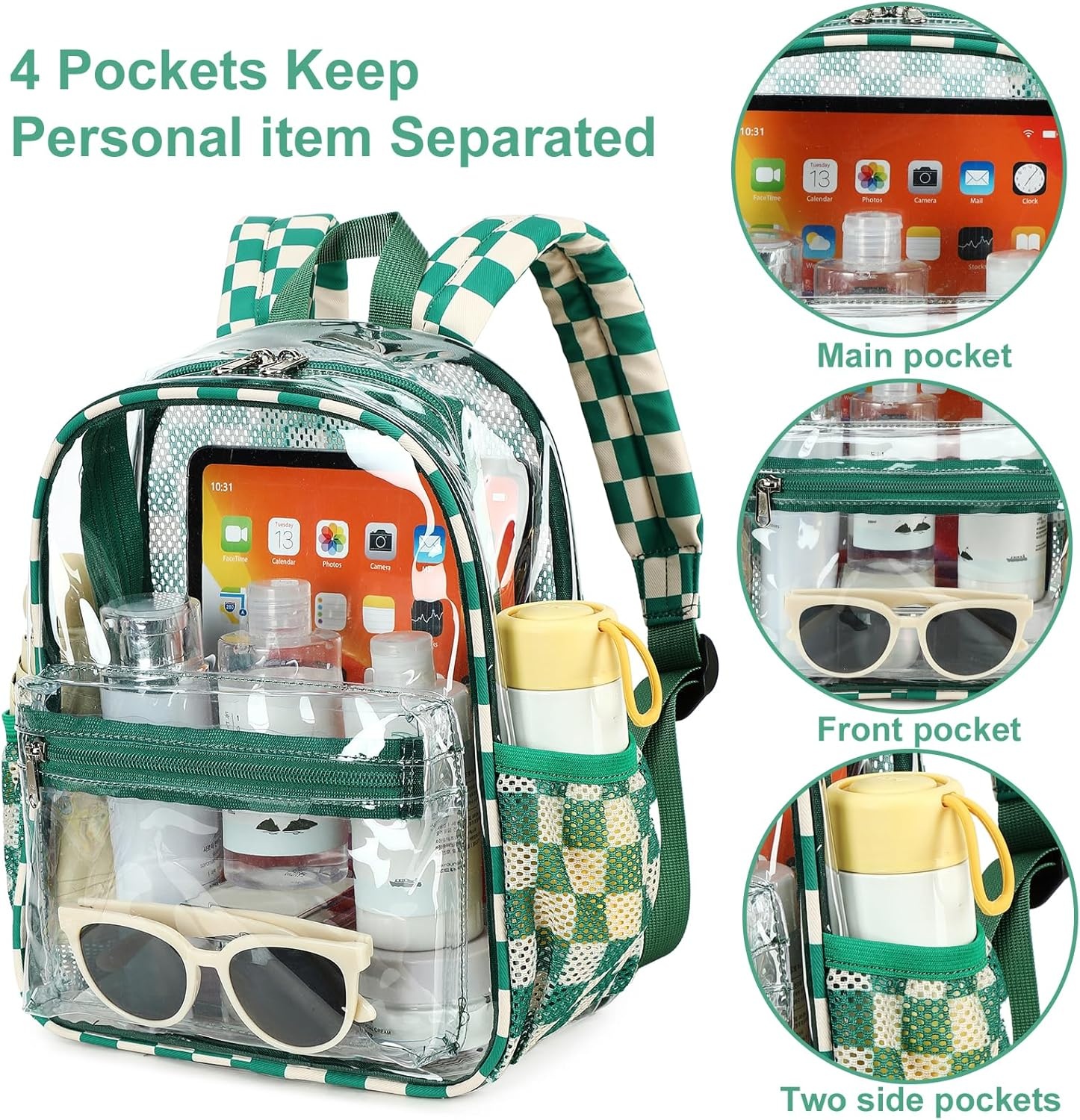 image:imageBTOOP Clear Mini Backpack for Stadium Events 12x12x6 Small Transparent Backpacks Plastic See Through Clear Bag for Concerts Work Festival Security Travel PinkGreen Whitecheckered