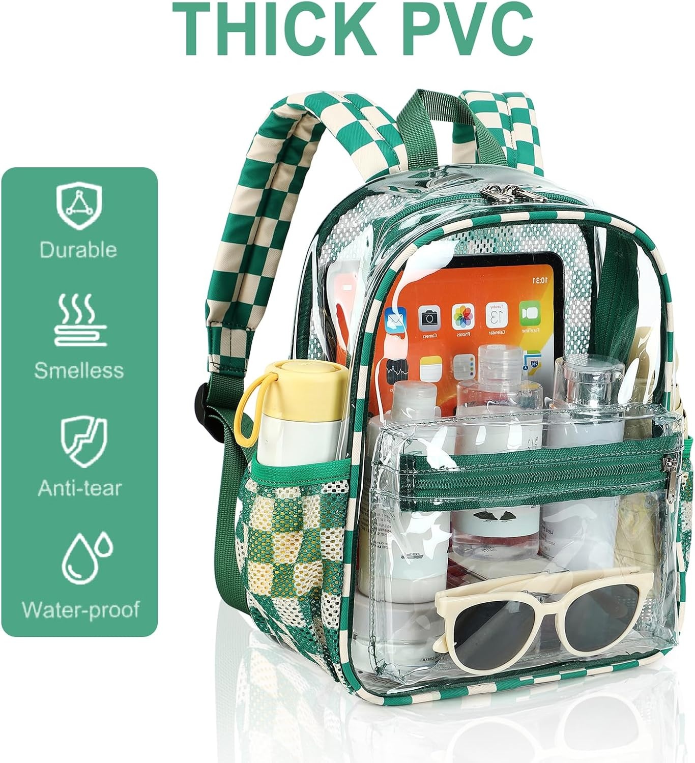 image:imageBTOOP Clear Mini Backpack for Stadium Events 12x12x6 Small Transparent Backpacks Plastic See Through Clear Bag for Concerts Work Festival Security Travel PinkGreen Whitecheckered